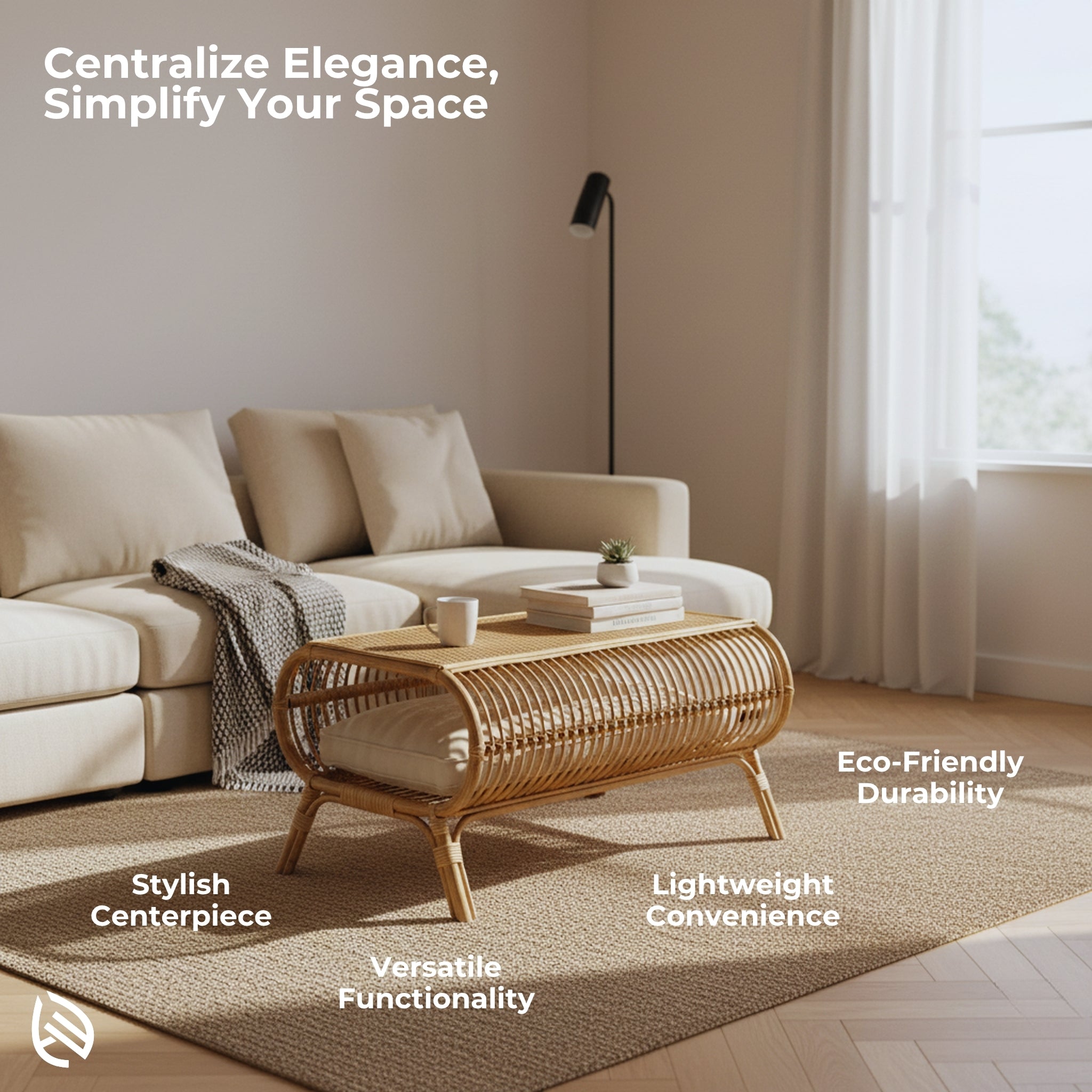 Feature graphic: Centerpiece Chic Rattan Center Table - handcrafted natural rattan, lightweight and durable with versatile storage shelf.