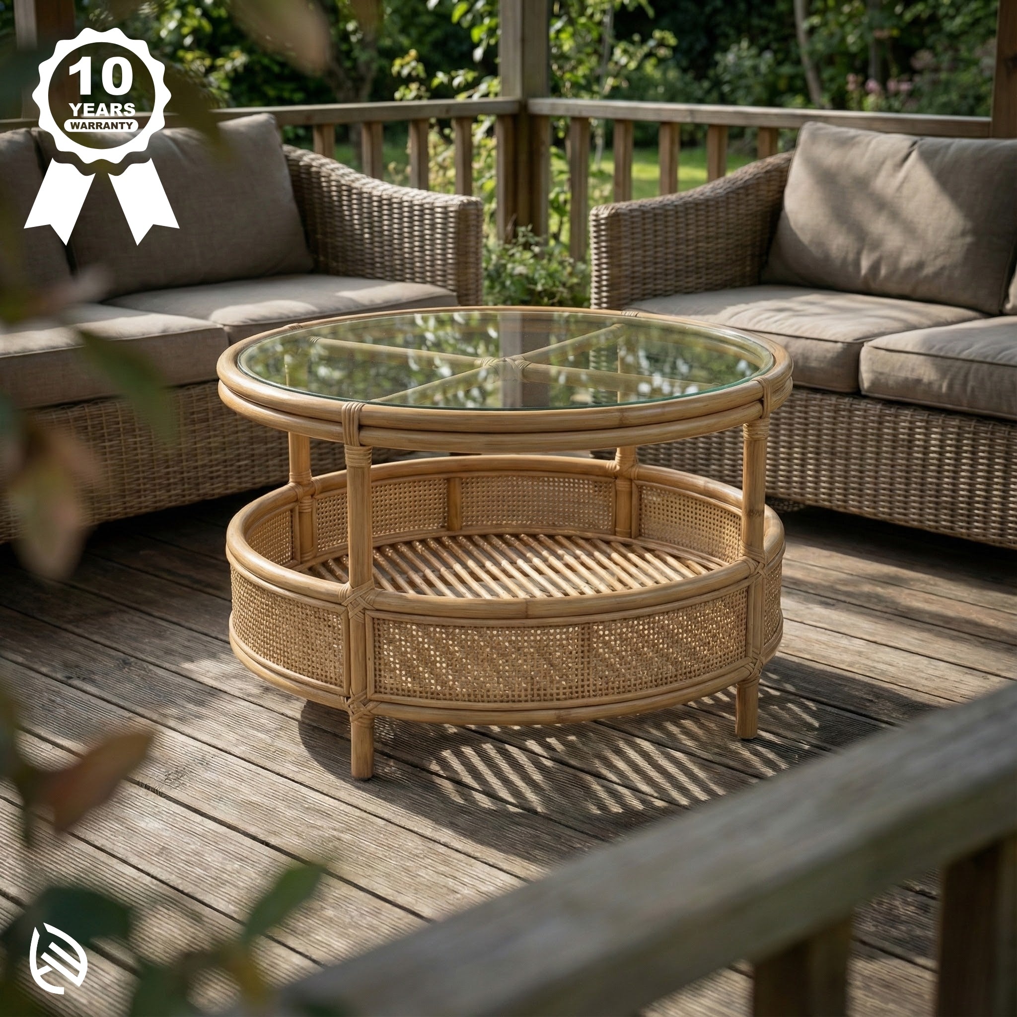 Wicker outdoor furniture set with a glass-top table on a wooden deck.