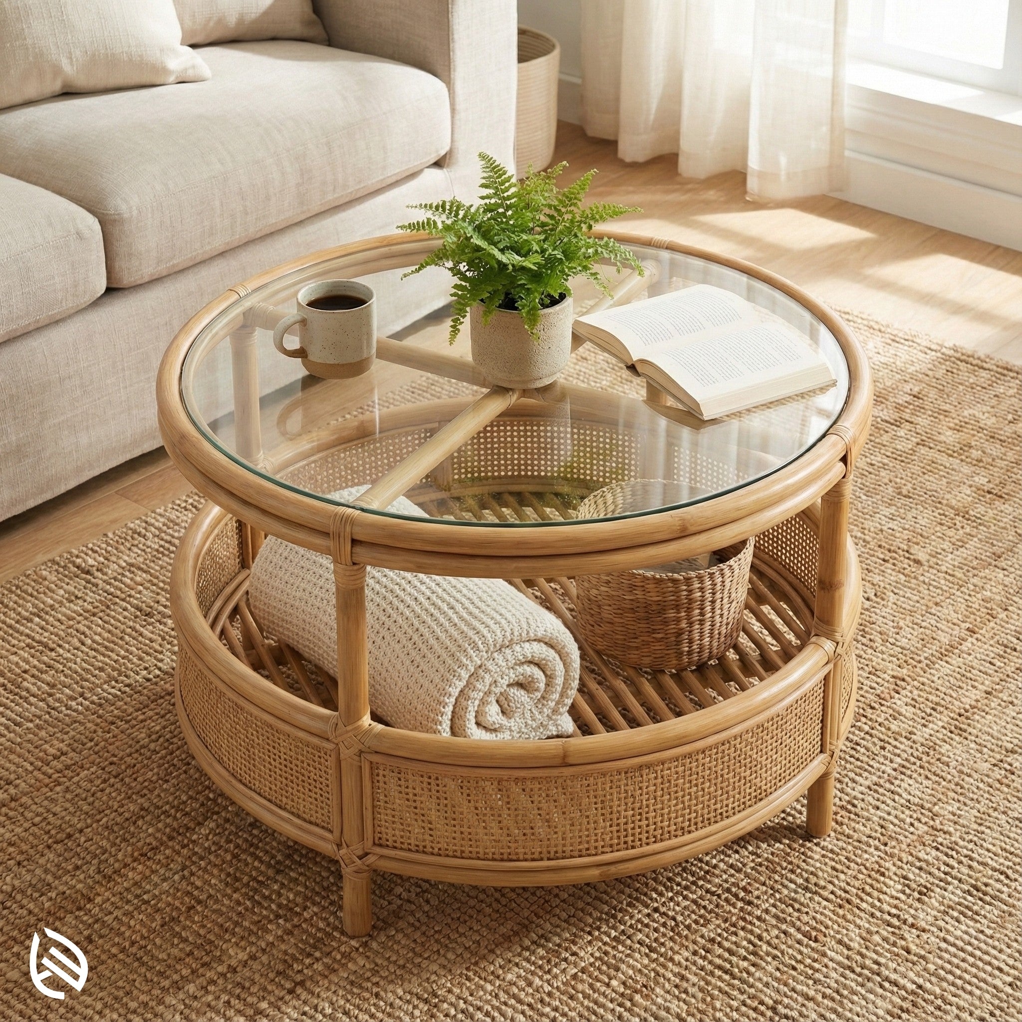 Round wicker coffee table with glass top in a living room setting