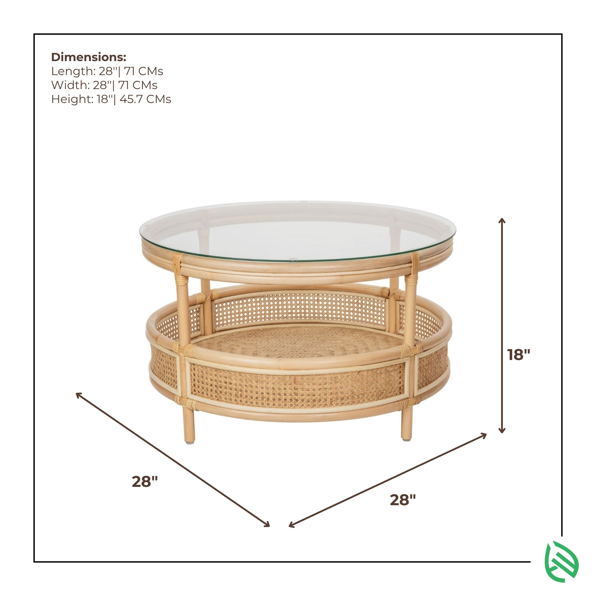 Diagram of Circular Chic Rattan Coffee Table dimensions - 28 in diameter × 18 in height; natural rattan frame with round glass top and cane-webbing lower shelf by EarthNWe.