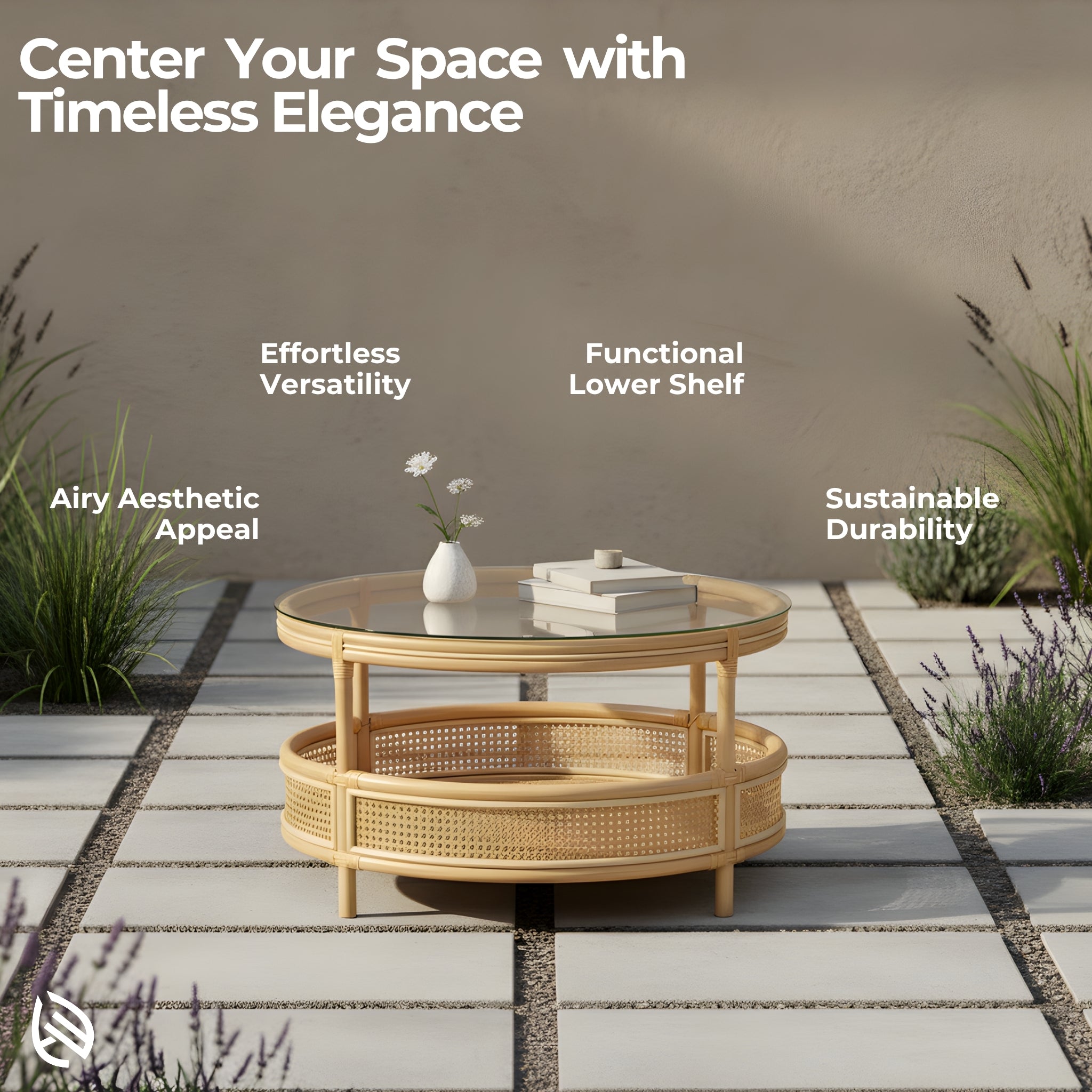 Feature graphic: Circular Chic Rattan Coffee Table - round glass-top natural rattan table with airy cane shelf; versatile, durable, and stylish.