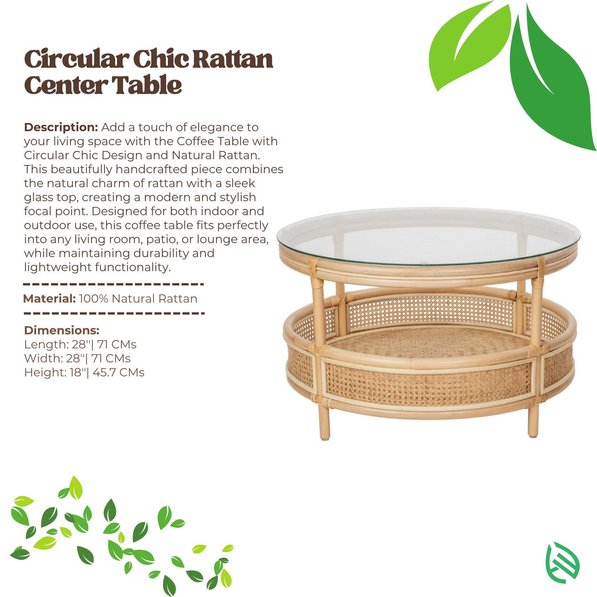 Product spec sheet: Circular Chic Rattan Coffee Table - 100% natural rattan, round glass top, cane-webbing shelf; size 28×28×18 inches - EarthNWe.