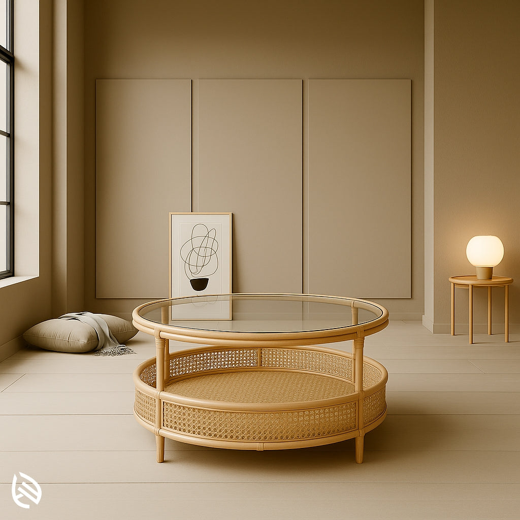 Round rattan center table with glass top and lower cane shelf, perfect for stylish and airy interiors