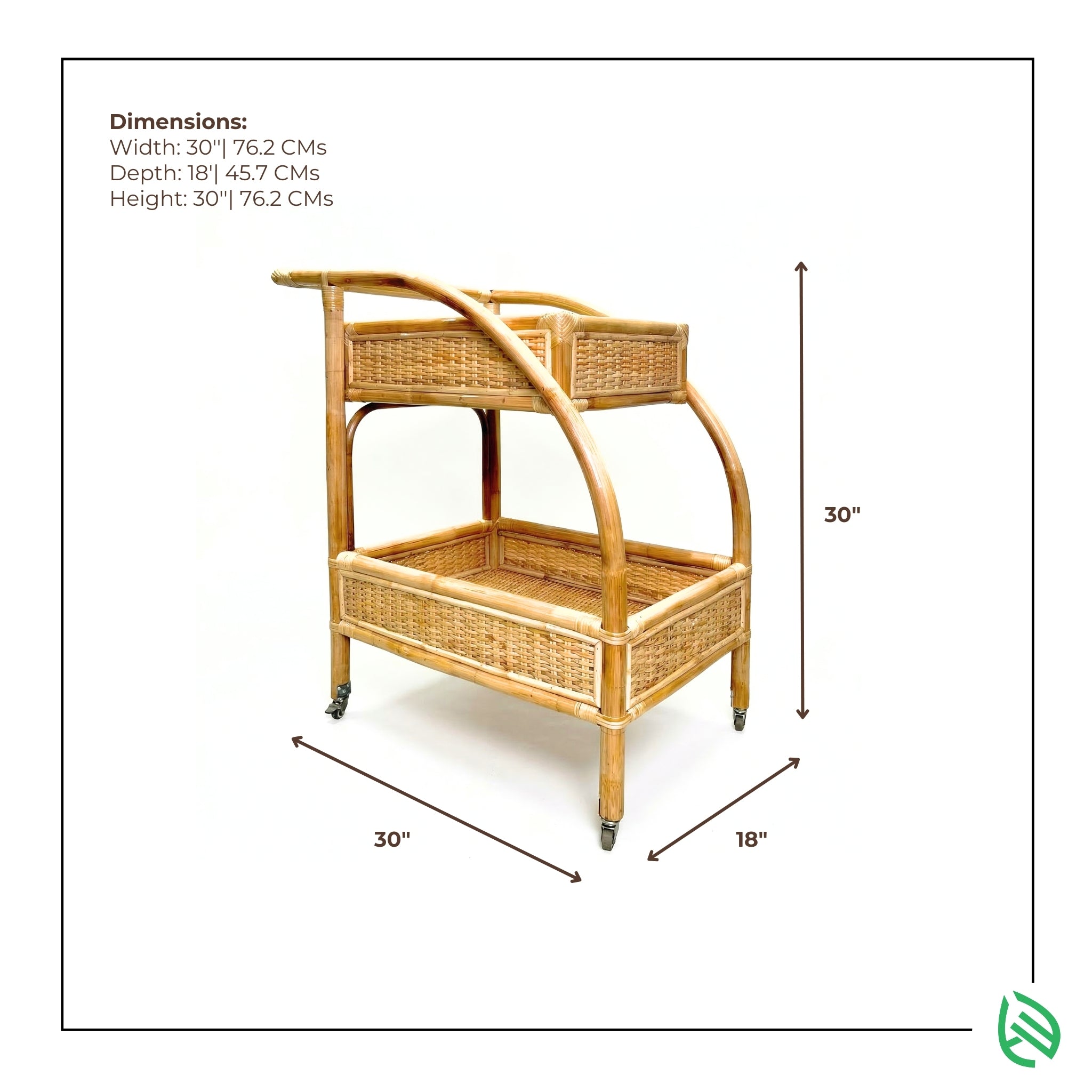 Wicker bar cart with dimensions labeled on a white background