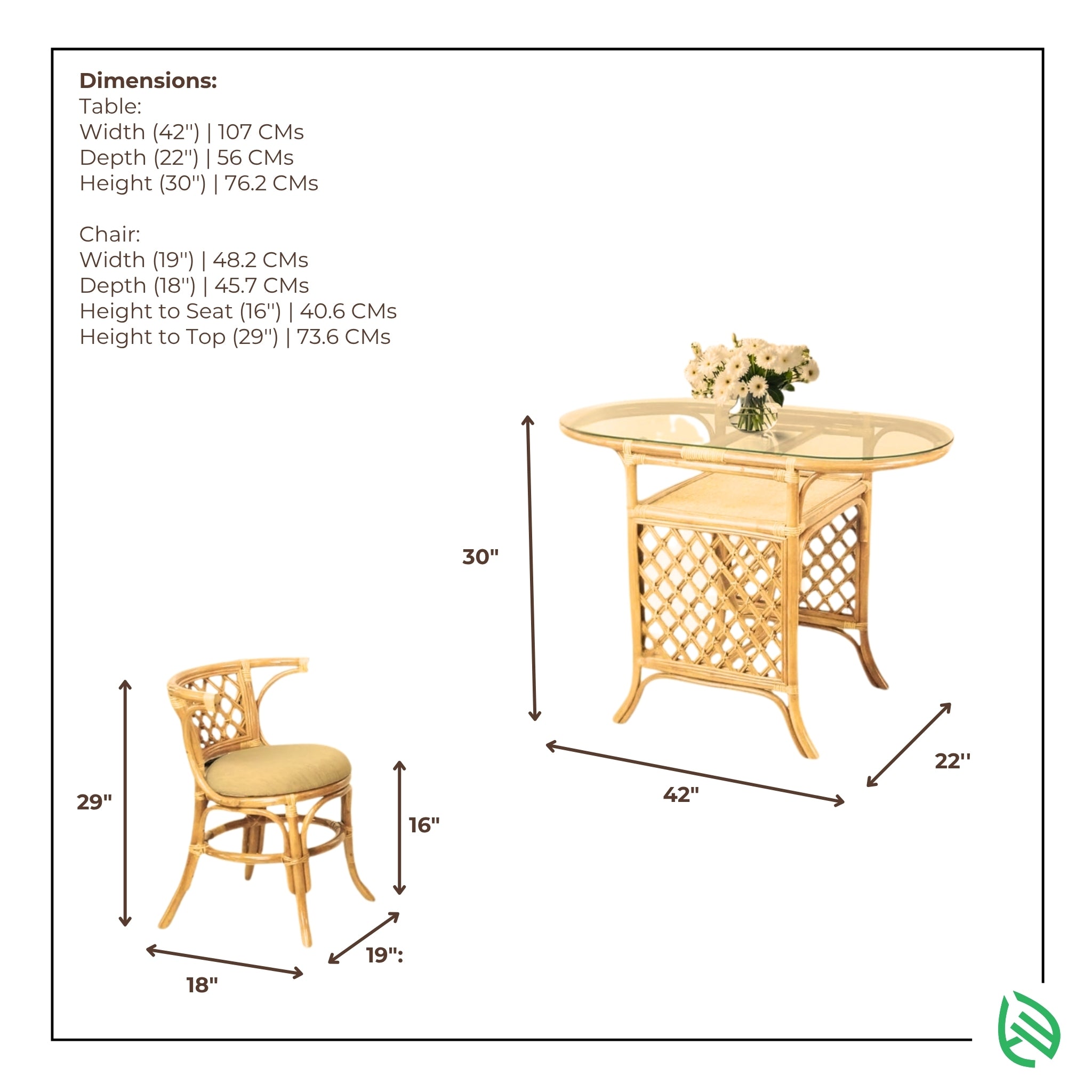 Dimensions diagram: Twisted Twine rattan 2-seater - oval glass-top table 42″ wide × 22″ deep × 30″ high, chair 19″ wide × 18″ deep × 29″ high with 16″ seat height.