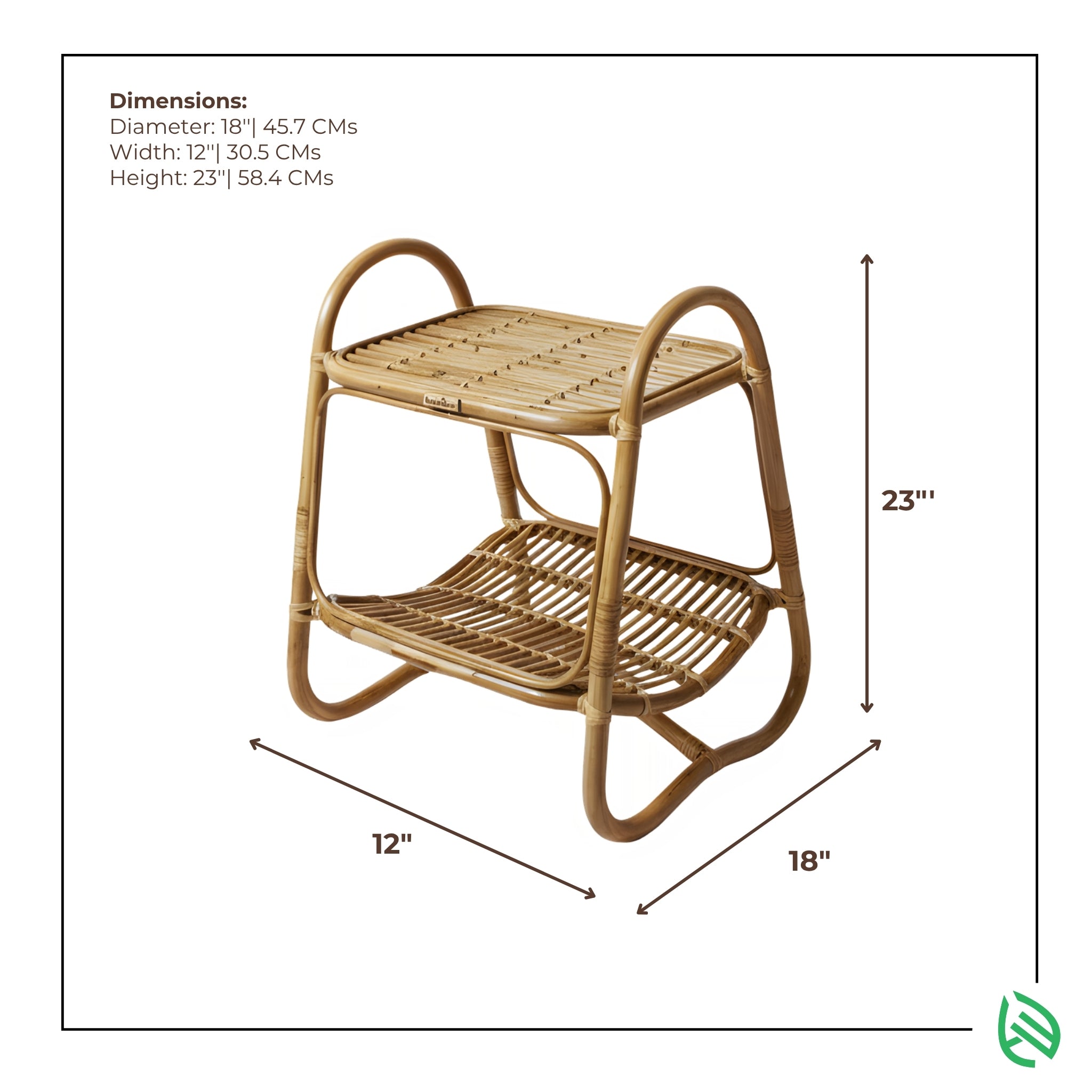 Dimensions diagram for Double Tier Delight Side Table: 18 in L × 12 in W × 23 in H; natural rattan, curved handles, cane top and slatted lower shelf.