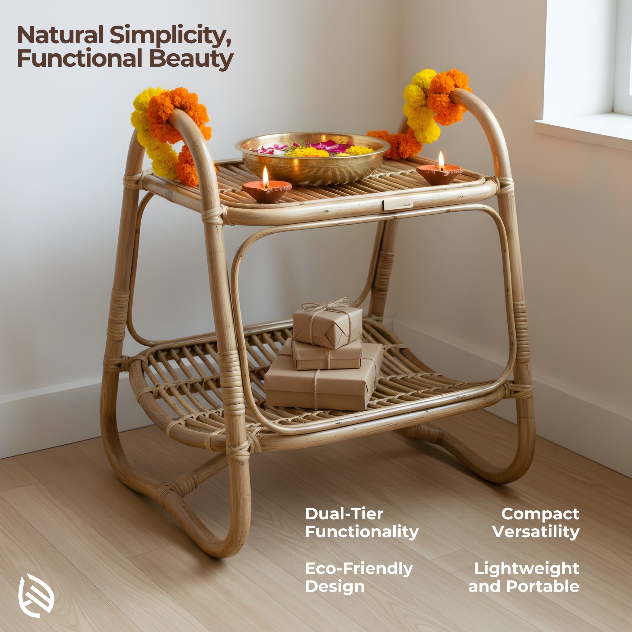Feature graphic showing Double Tier Delight Side Table - dual-tier functionality, lightweight eco-friendly natural rattan, compact versatile design.