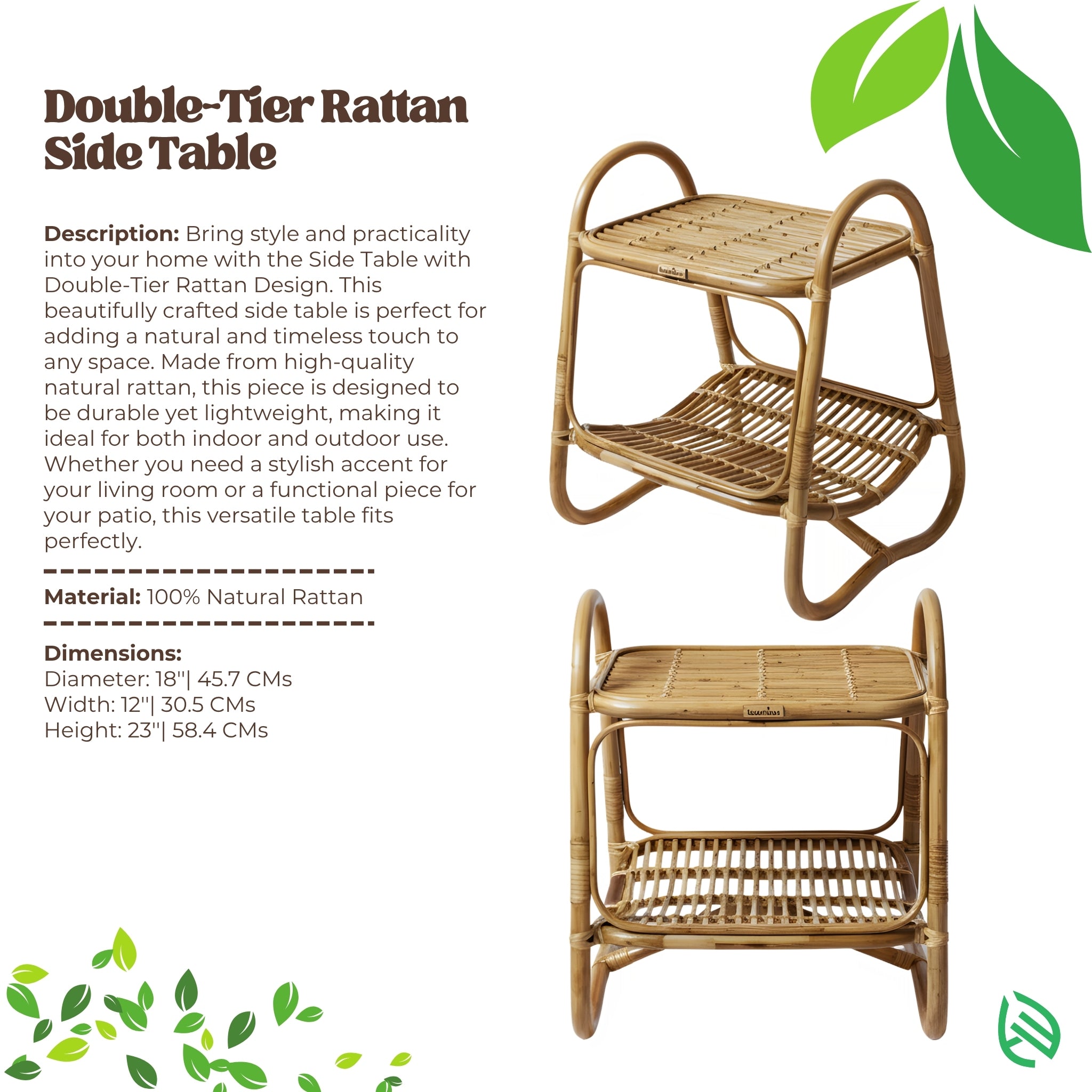 Product spec sheet: Double Tier Delight Side Table - 100% natural rattan two-tier design with curved frame; size 18×12×23 inches - EarthNWe.