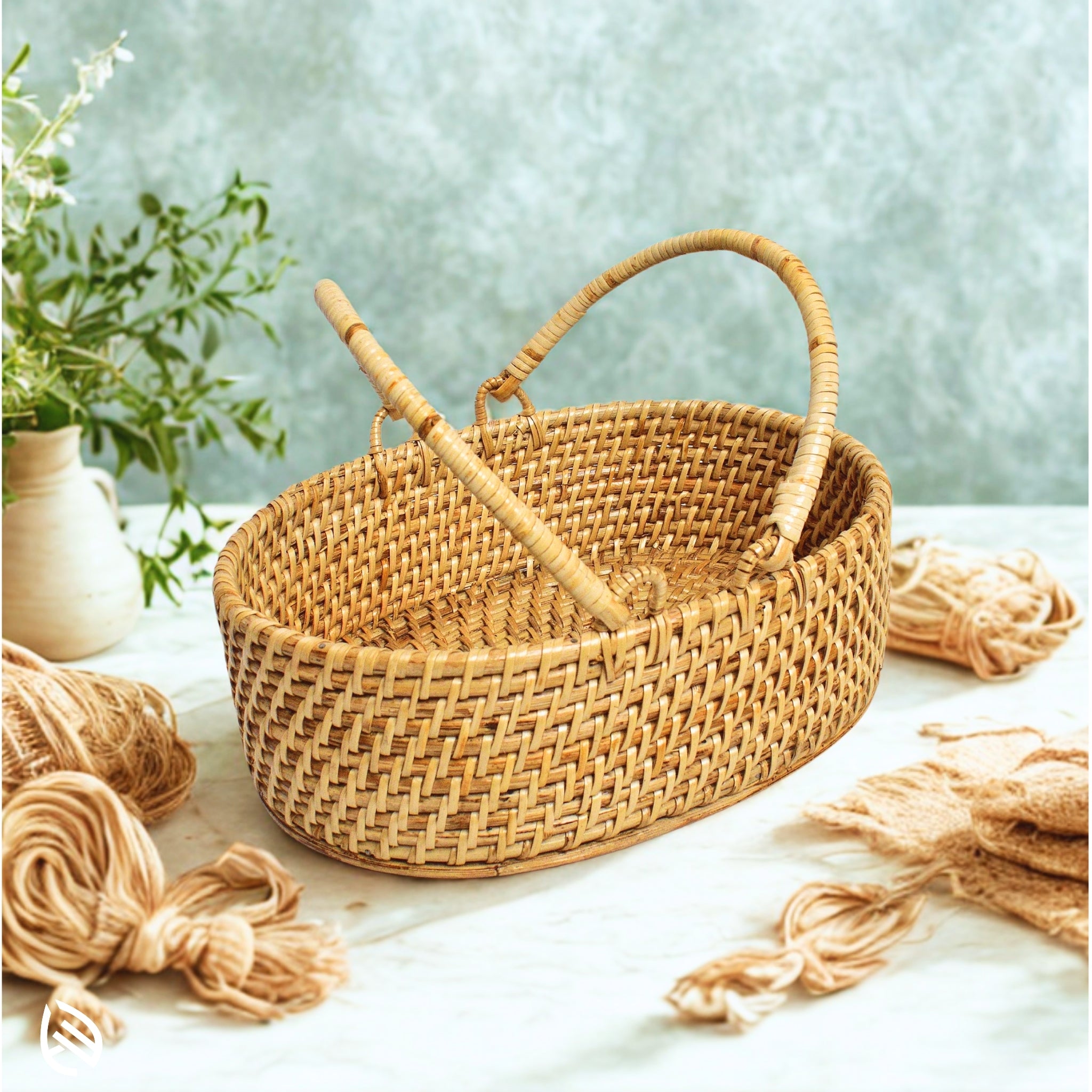 Natural oval rattan basket styled on white marble table