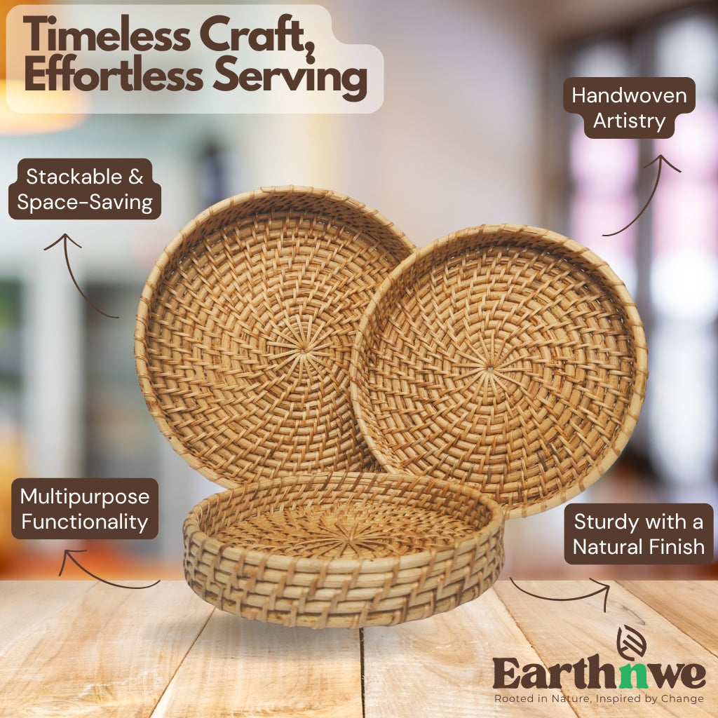 Serving tray set of 3 circular rattan