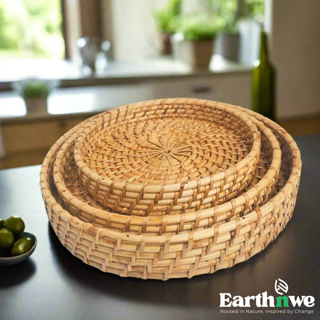 Serving tray set of 3 circular rattan