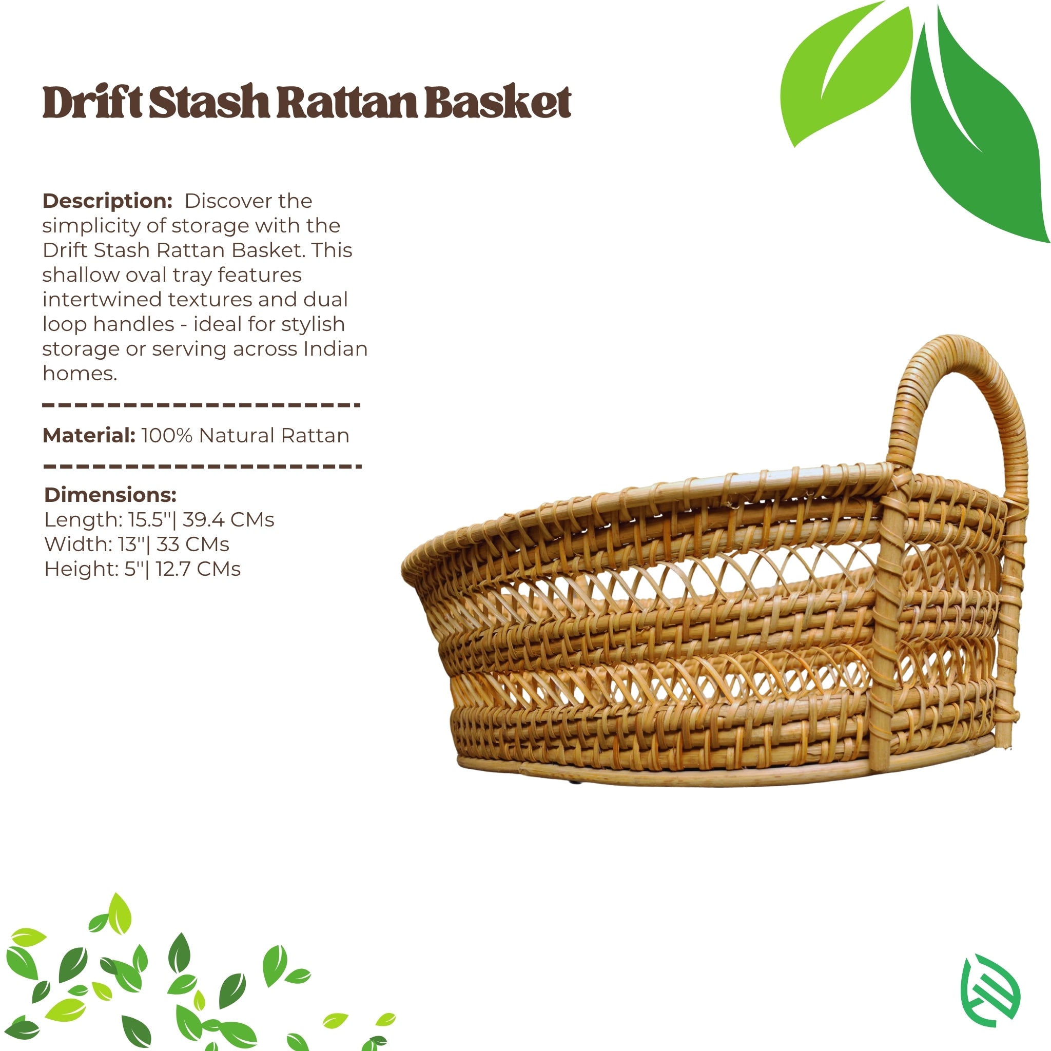 Product card of Drift Stash rattan basket with material info and side profile view