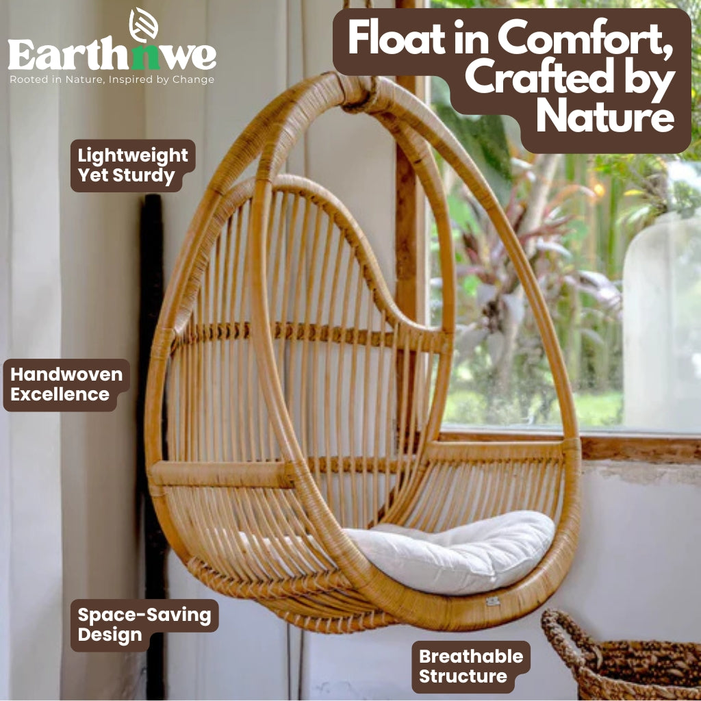 Handcrafted rattan swing chair for indoor outdoor use