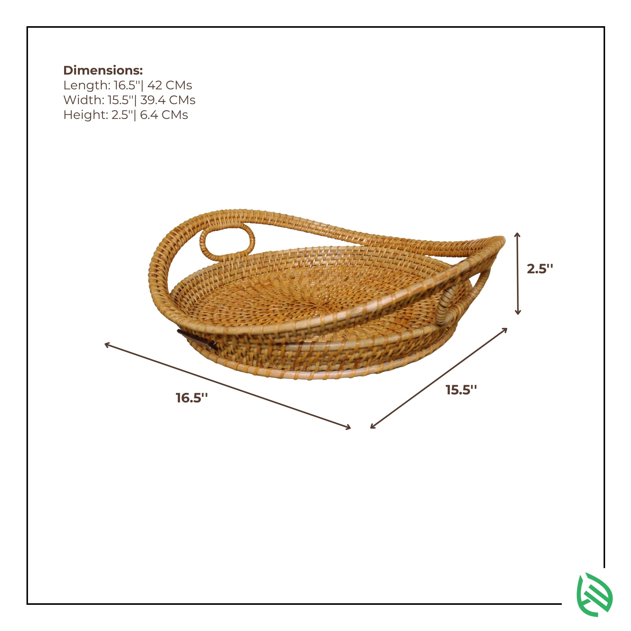 Top view of Harvest Hold tray with annotated size specs – round rattan tray with high-edge and handles