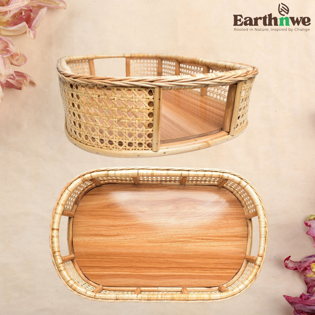 Mid-century rattan oval serving tray