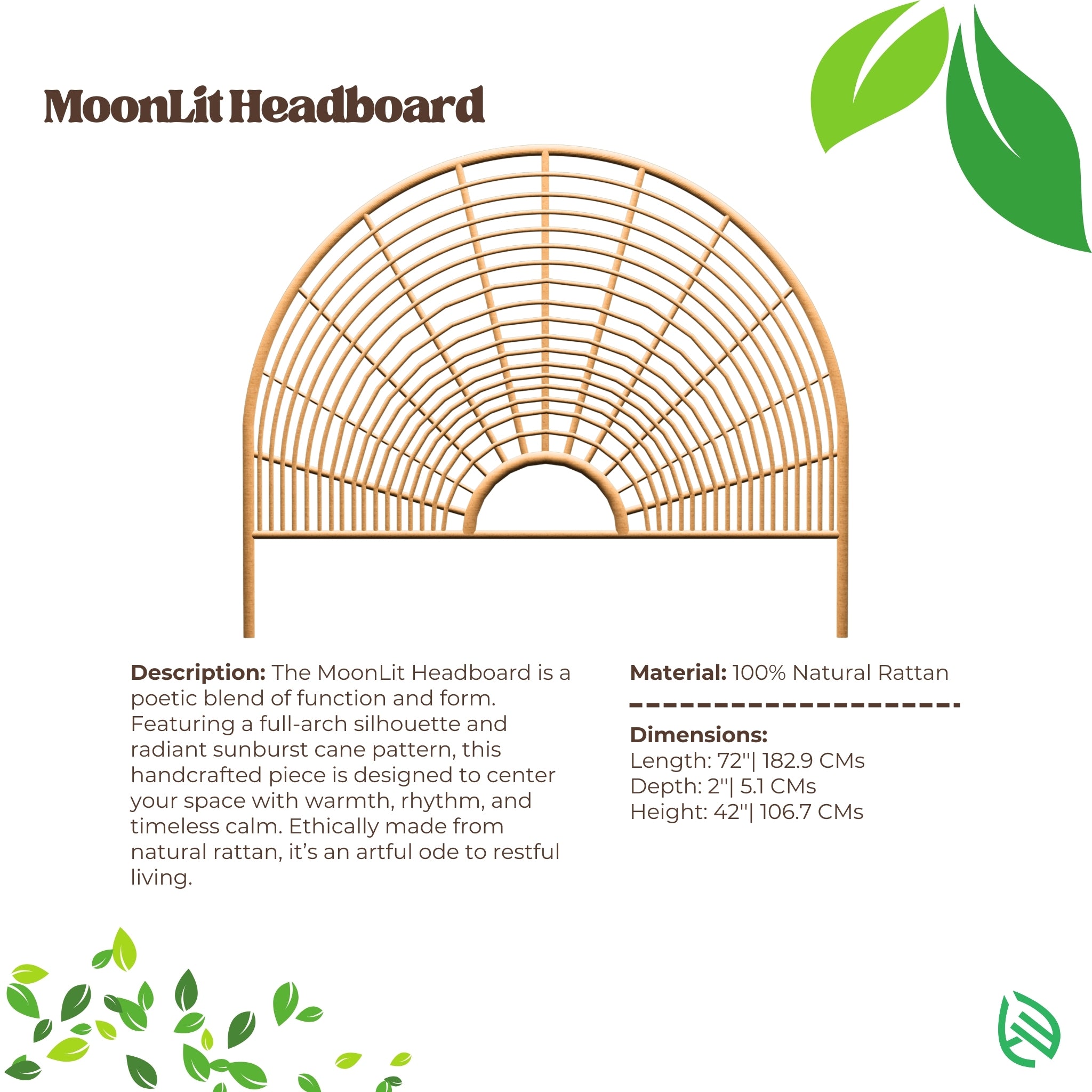 MoonLit headboard dimensions and sustainable rattan material