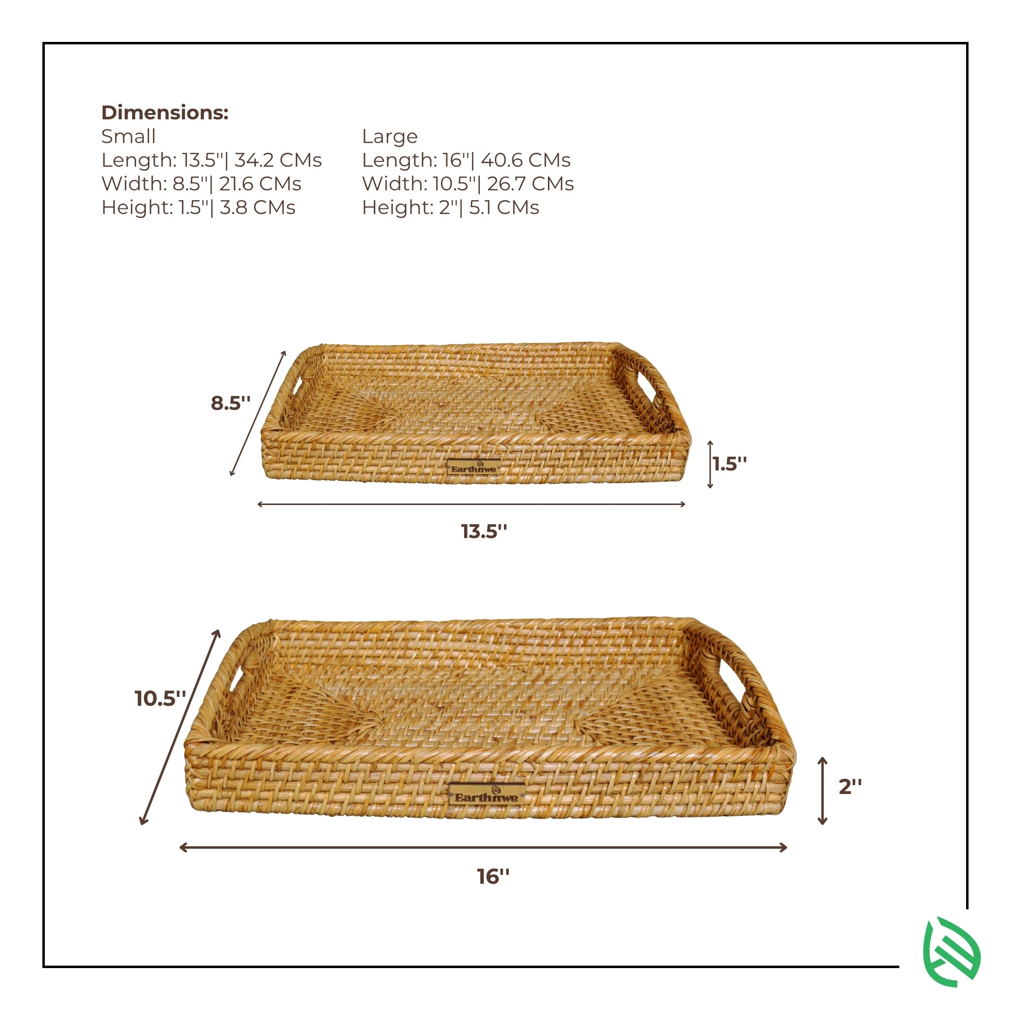 Dimension guide showing measurements of both small and large rattan trays from EarthNWe