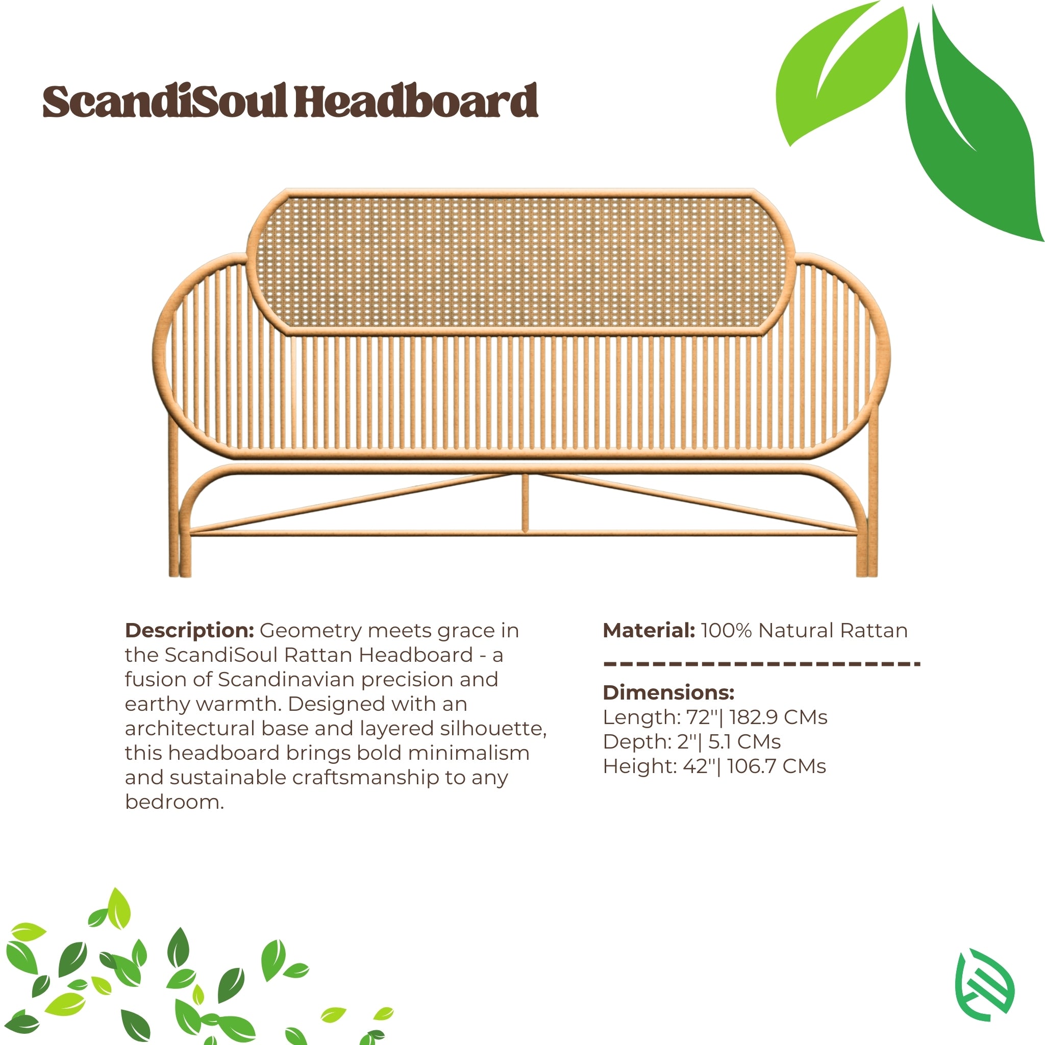 Natural rattan material and sizing details of the ScandiSoul Headboard