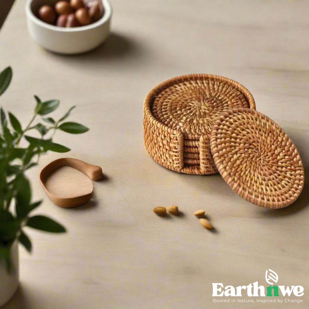 Round handwoven rattan coaster set for decor