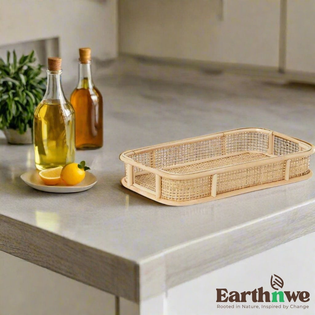 Natural rattan multipurpose tray with handles
