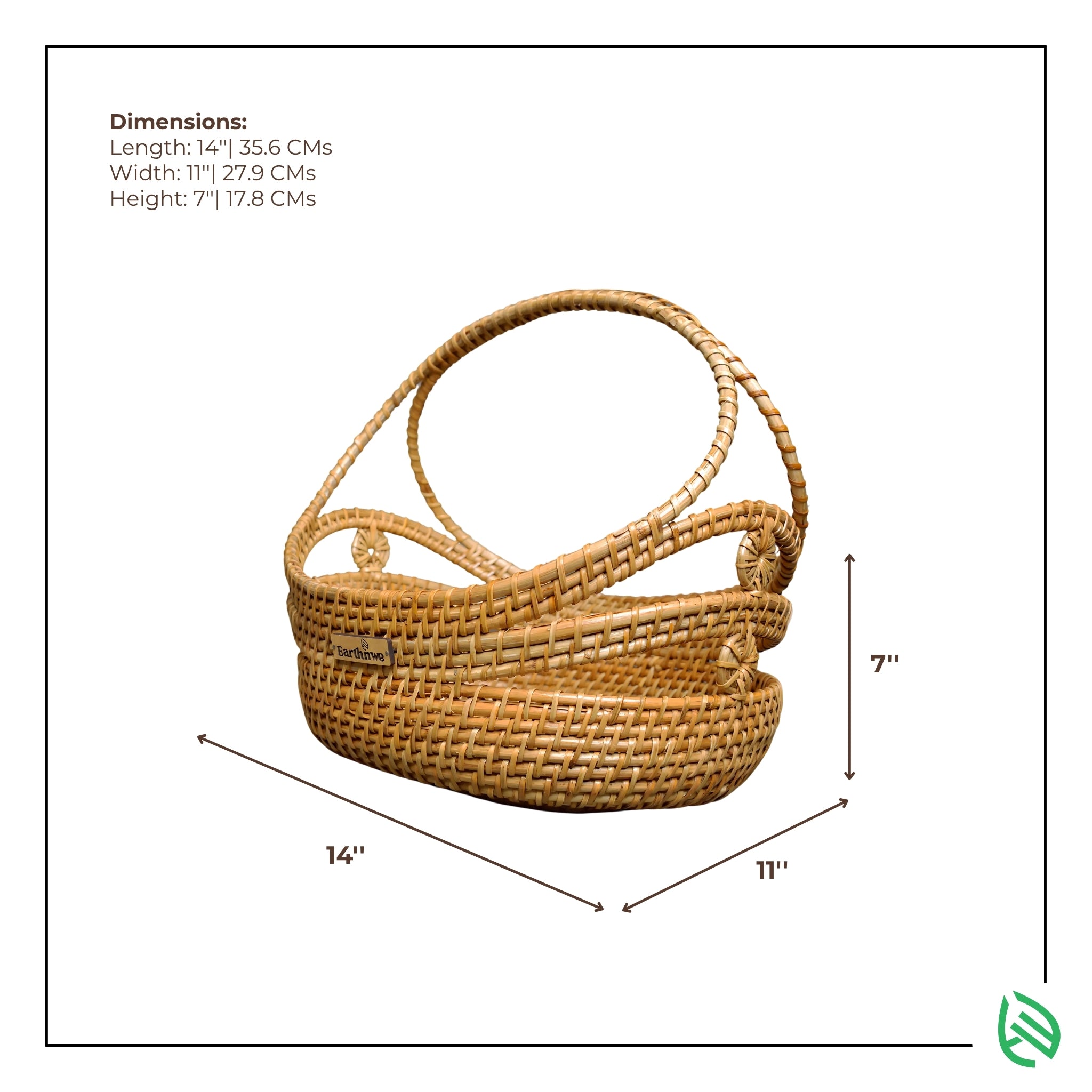 Woven basket with dimensions labeled on a white background
