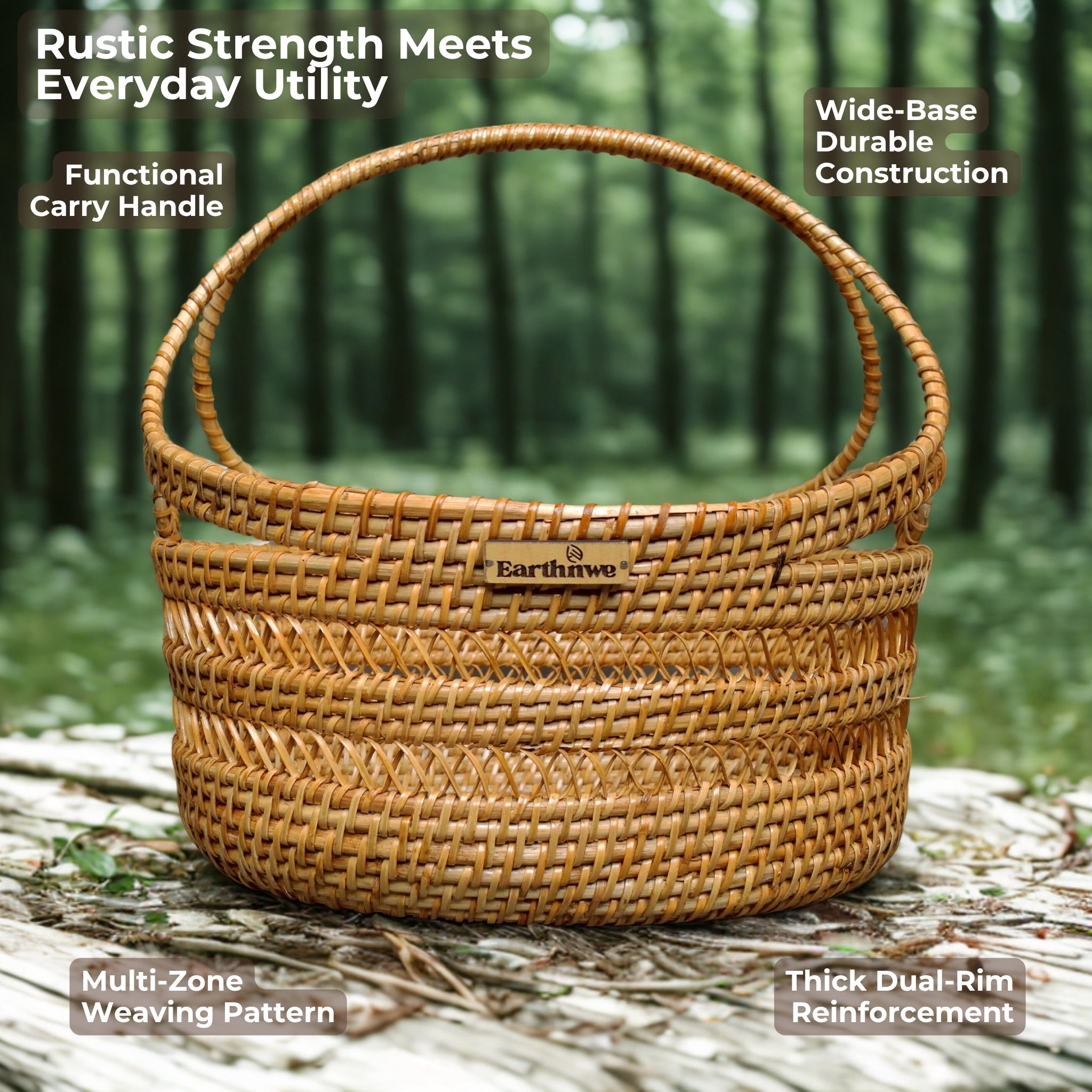 Lifestyle shot of wide-base rattan basket outdoors showcasing utility features