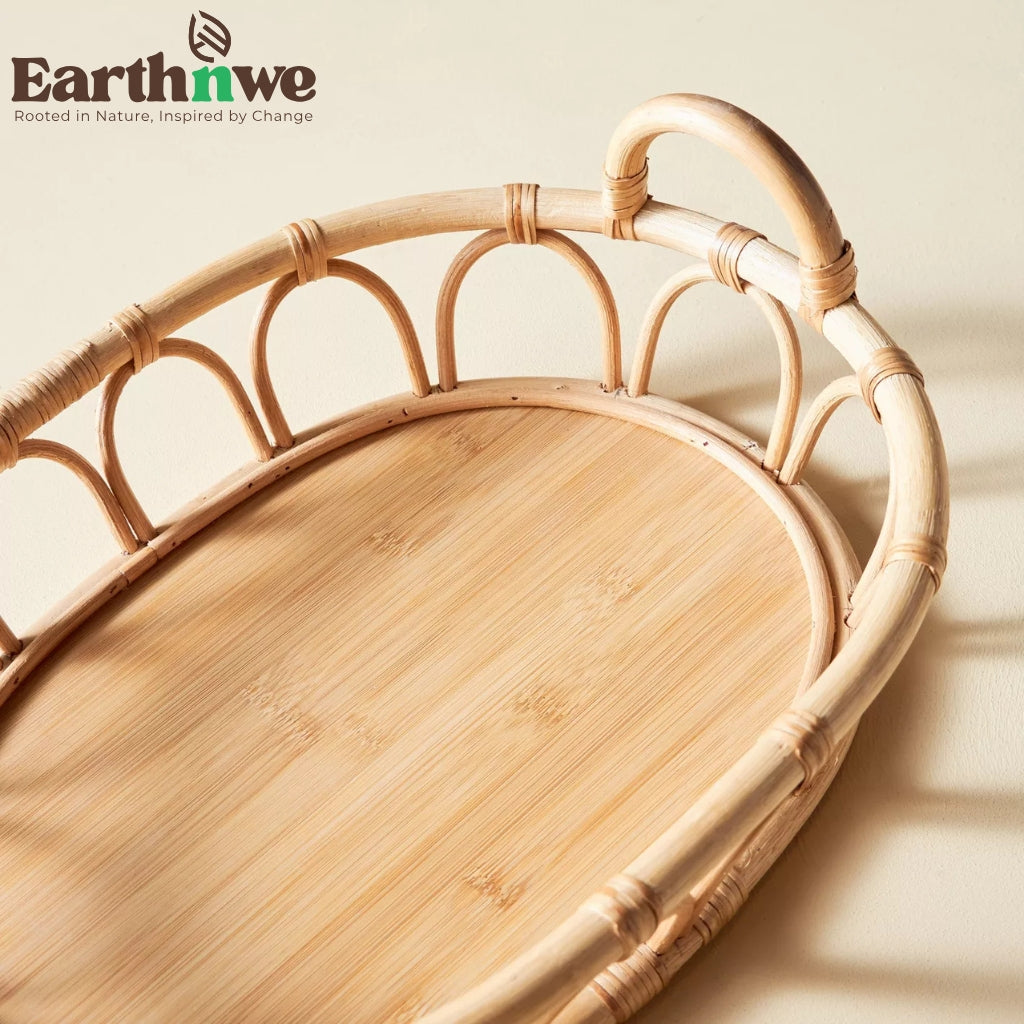 Natural rattan multipurpose tray with handles