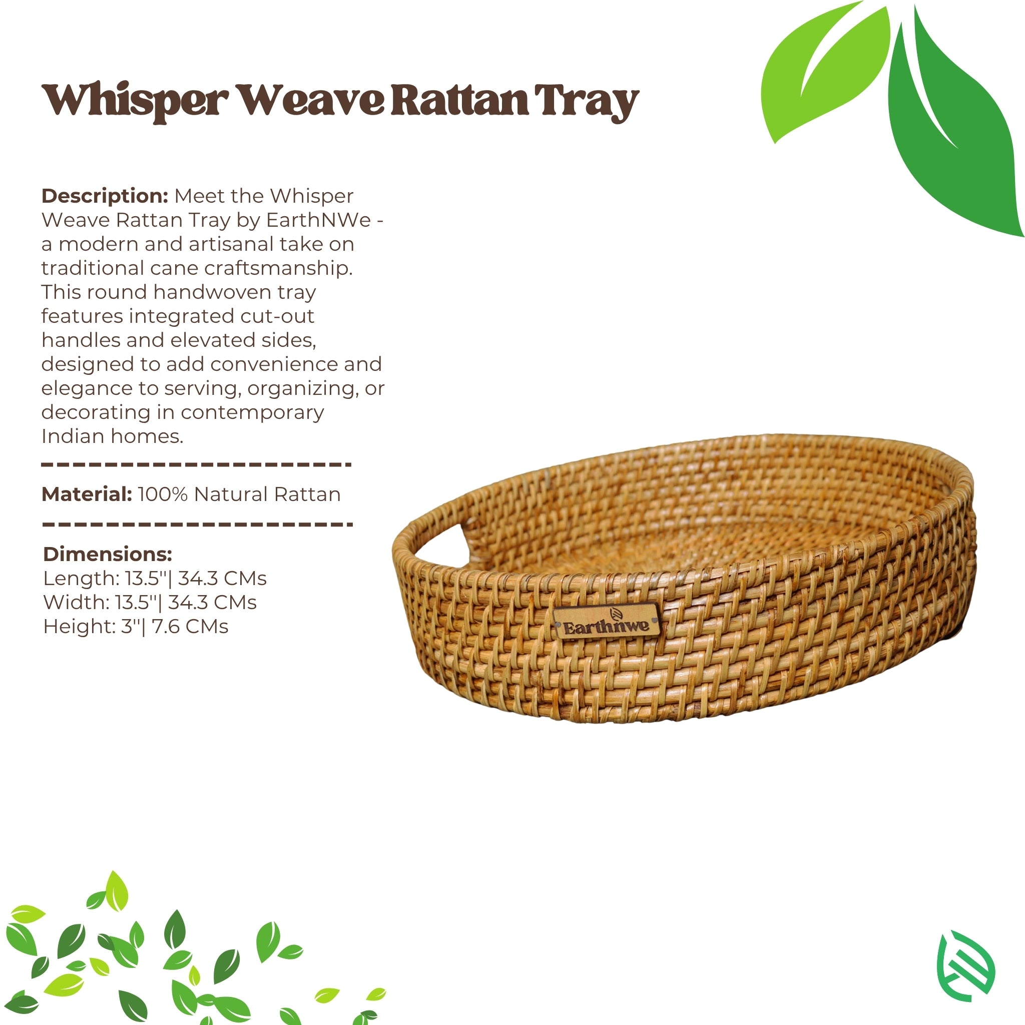 Dimension guide and clean product shot of Whisper Weave rattan tray with 100% natural rattan label