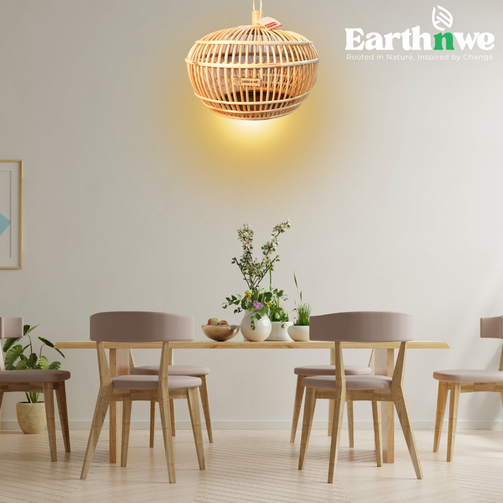 Natural cane hanging lamp with orb design