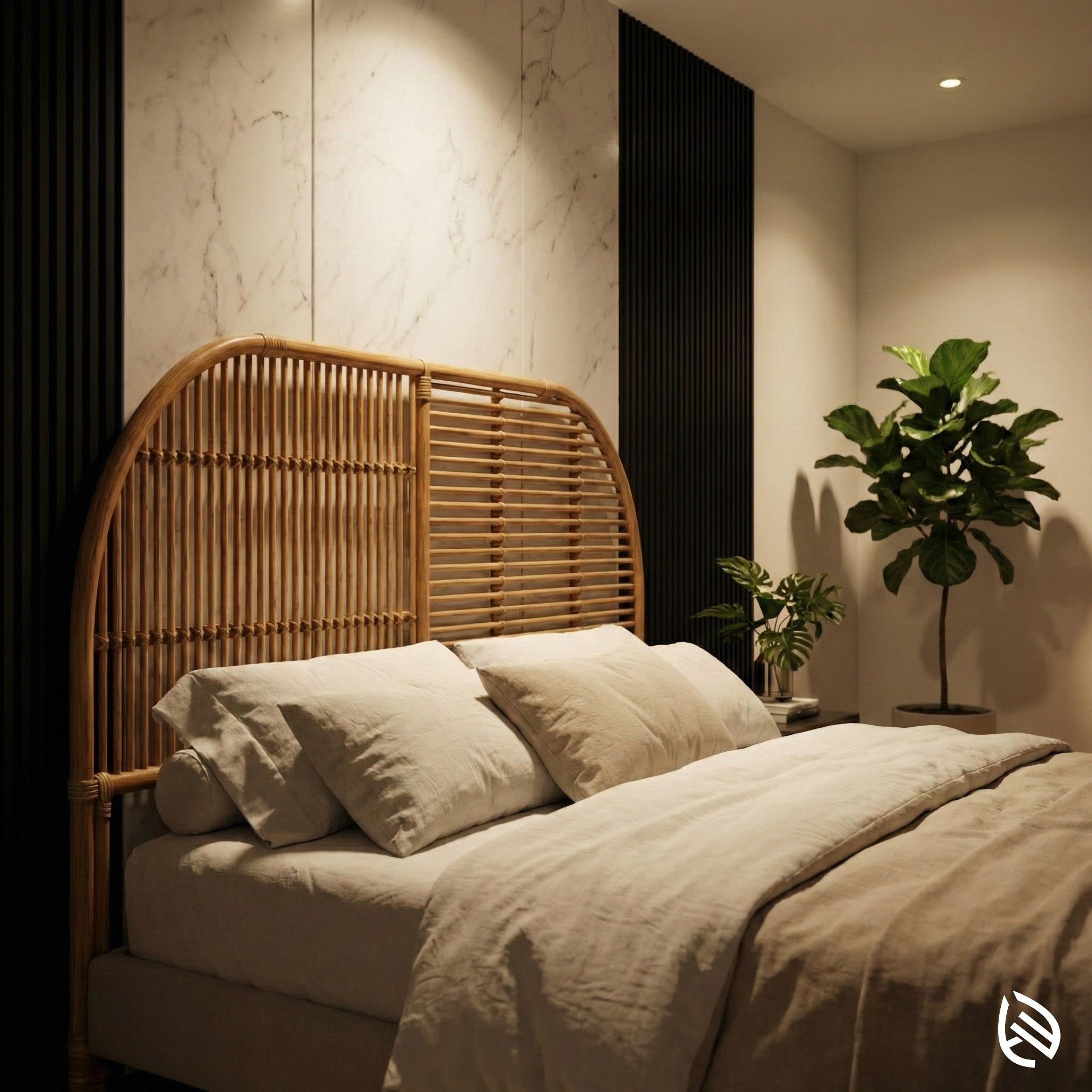 Bedroom with a rattan headboard and neutral bedding, featuring a plant on a nightstand.