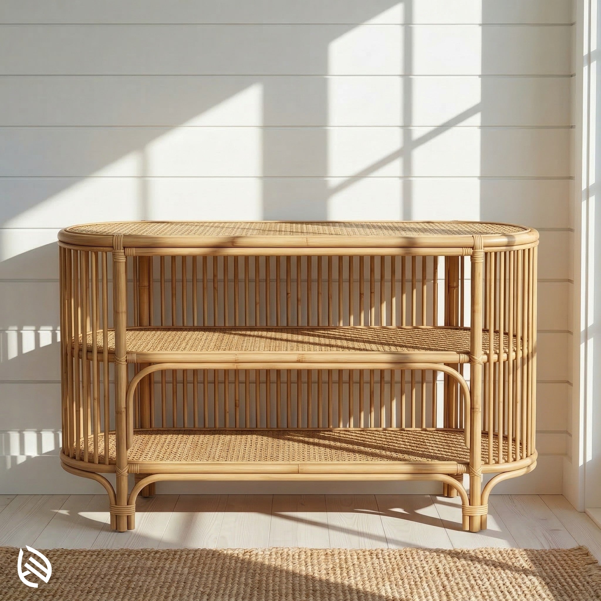 Natural rattan console table three-tier oval against white shiplap