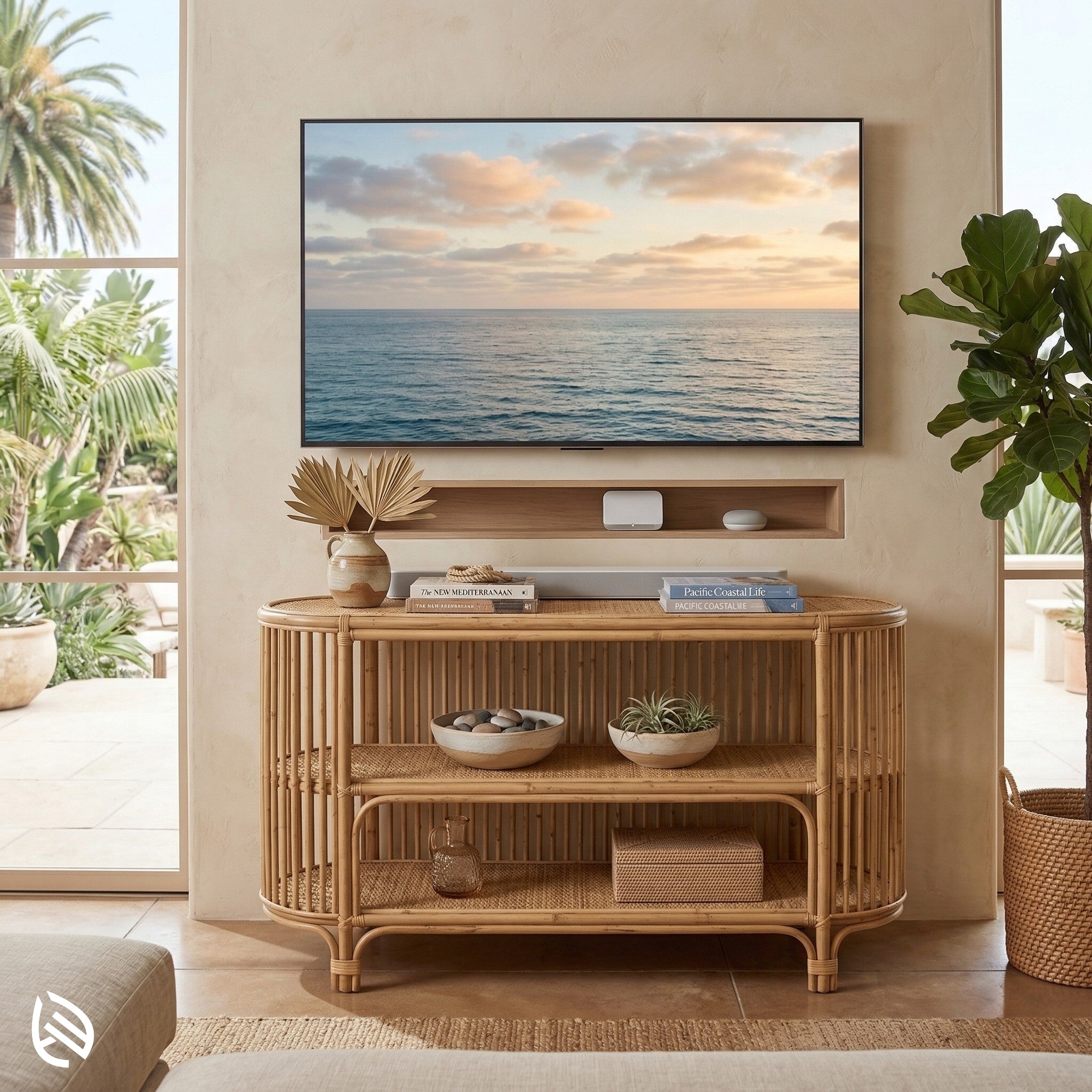 Coastal living room with natural rattan console table styled under wall-mounted TV