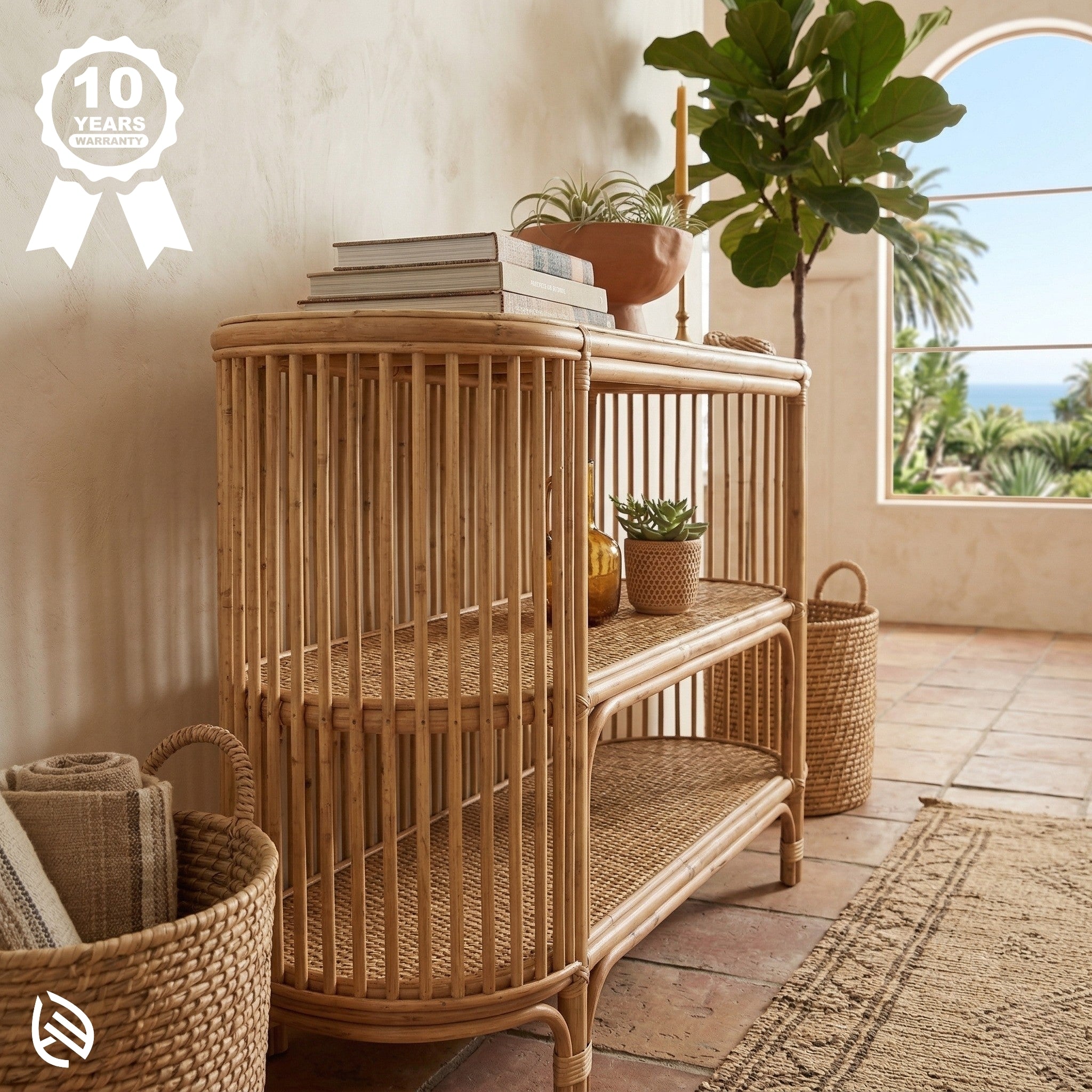 Rattan shelving unit with decor, woven baskets and ocean view through arched window