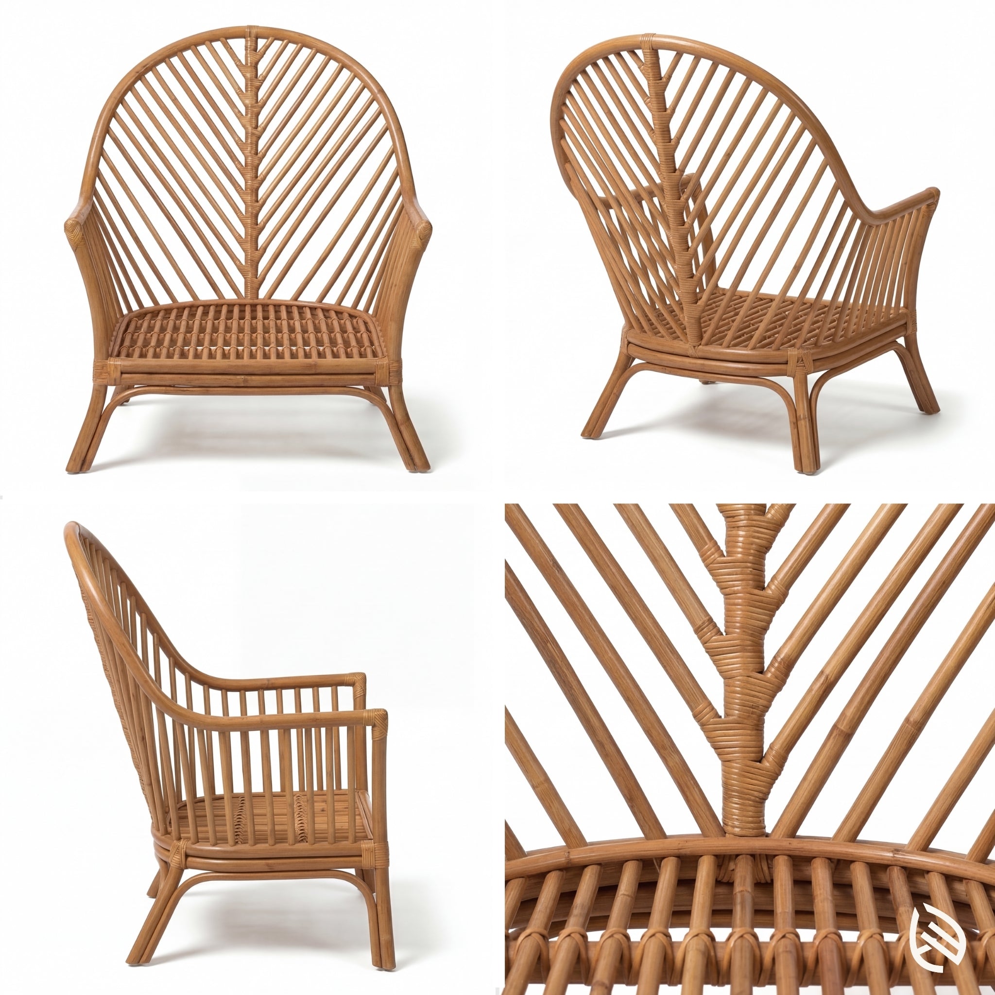 Wicker chair shown from multiple angles on a white background
