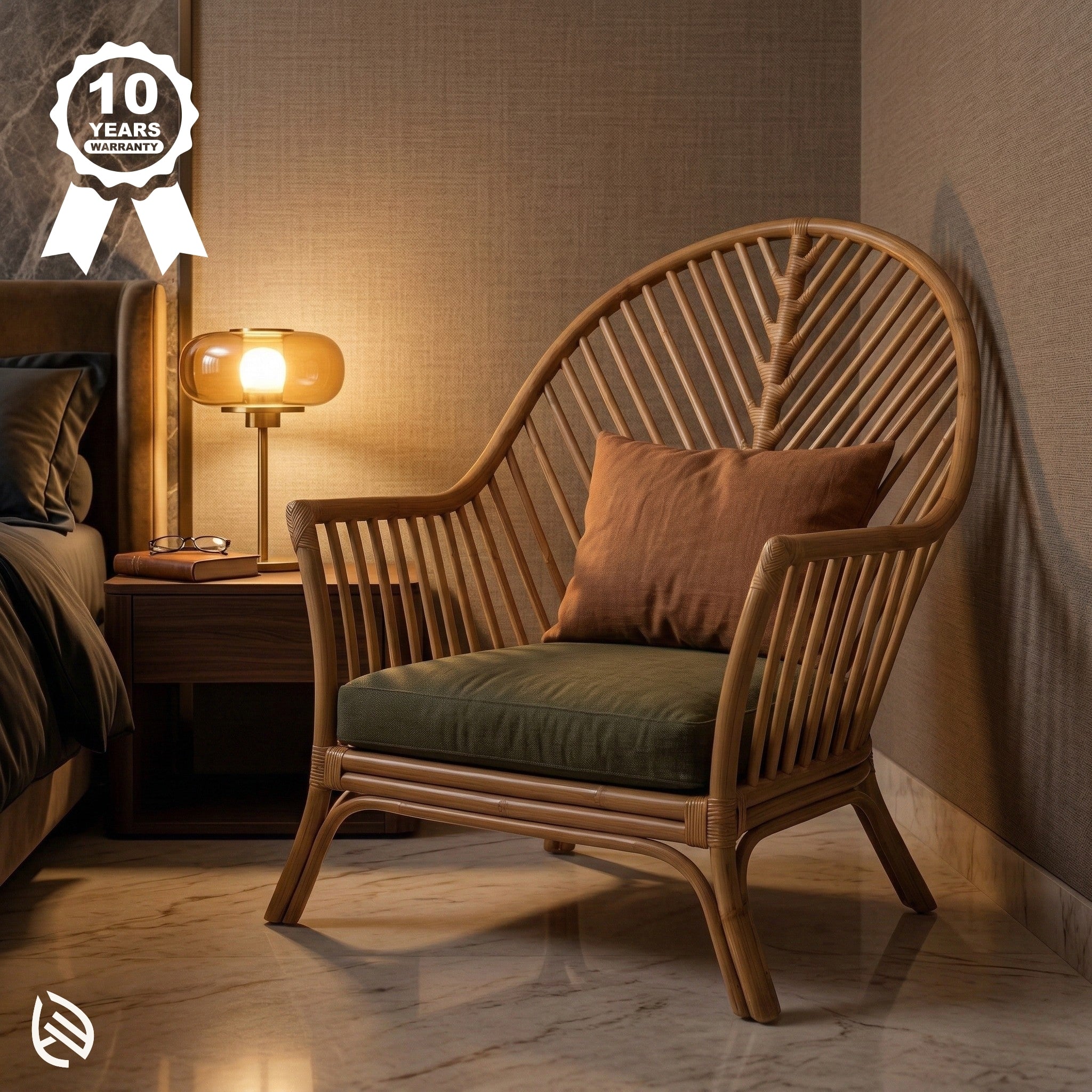 Wicker chair with cushions in a bedroom setting with a lamp and bed.