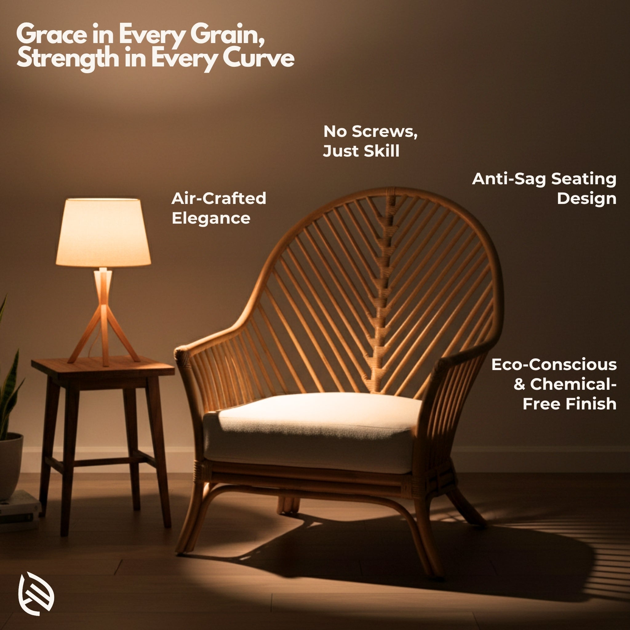 Feature graphic highlighting eco finish, anti-sag seat, and no-screw joinery