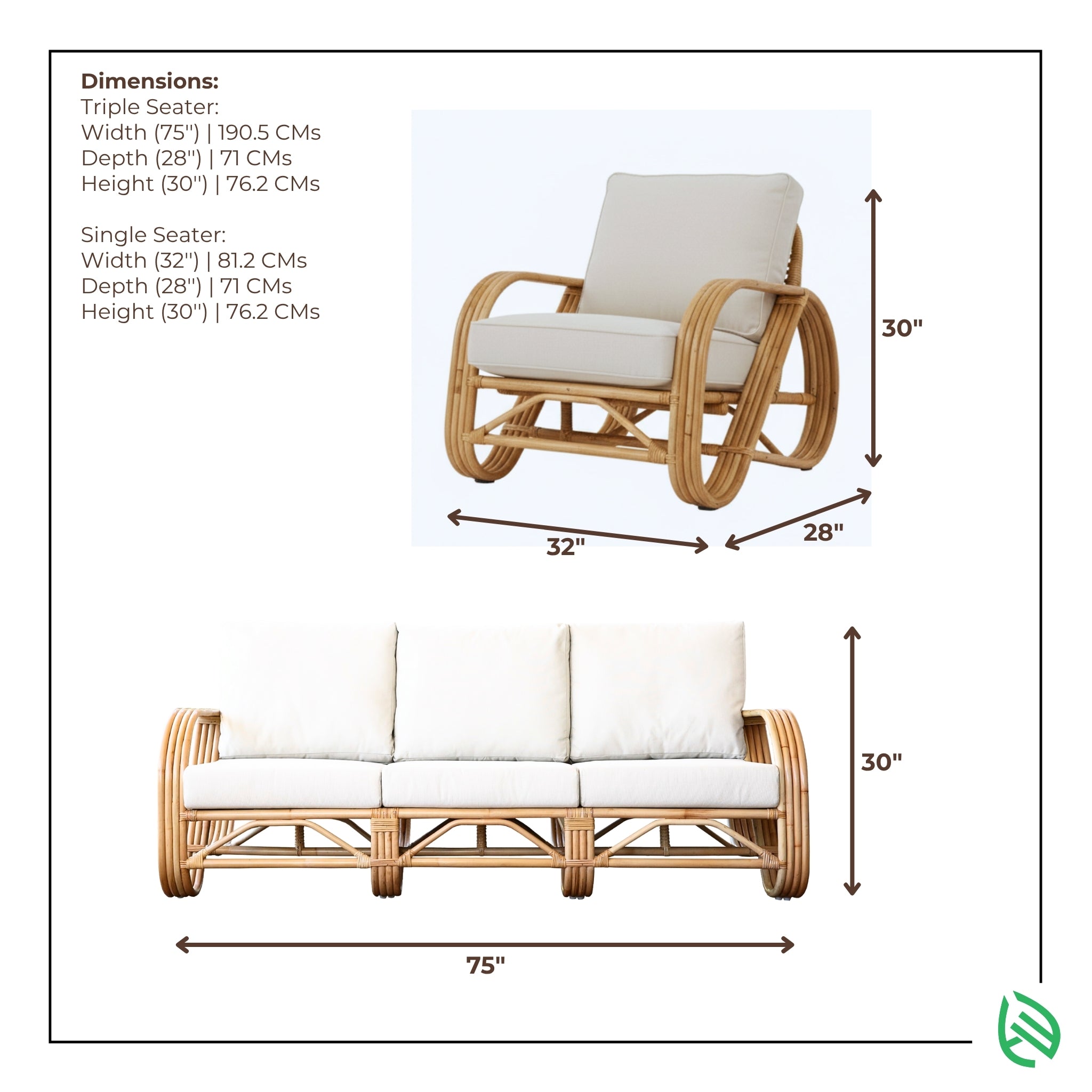 Dimension diagram of Fusion Rattan Sofa Set: triple seater 75" W x 28" D x 30" H; single seater 32" W x 28" D x 30" H.