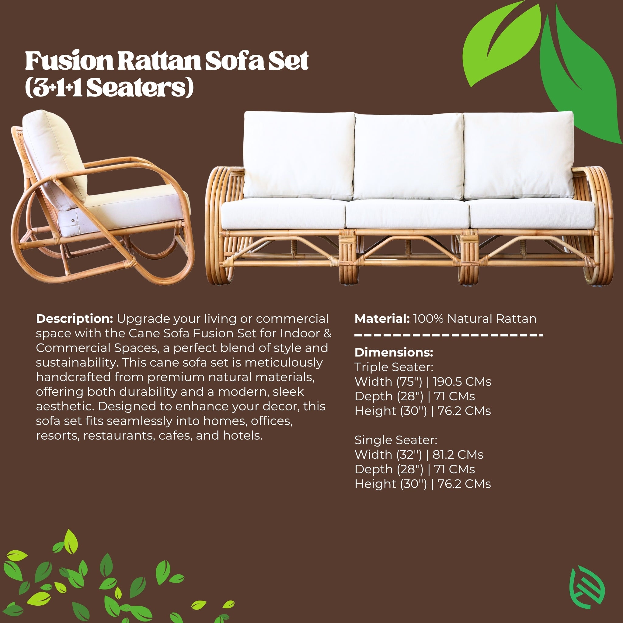 Specification card for Fusion Rattan Sofa Set (3+1+1): 100% natural rattan, modern handcrafted design, dimensions listed for triple and single seaters.