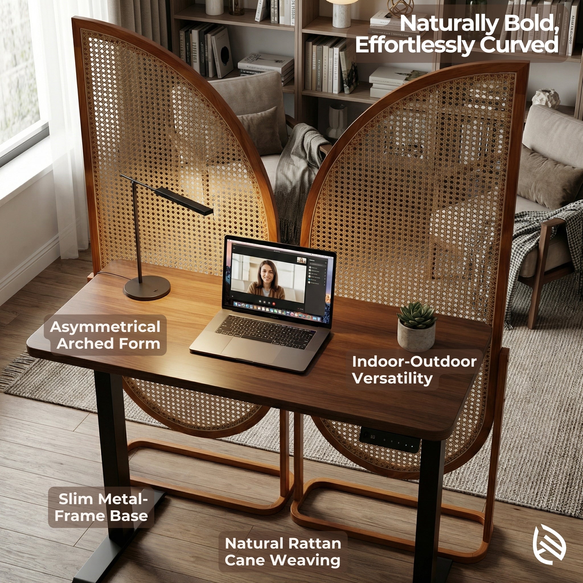Rattan partition dividing home office setup