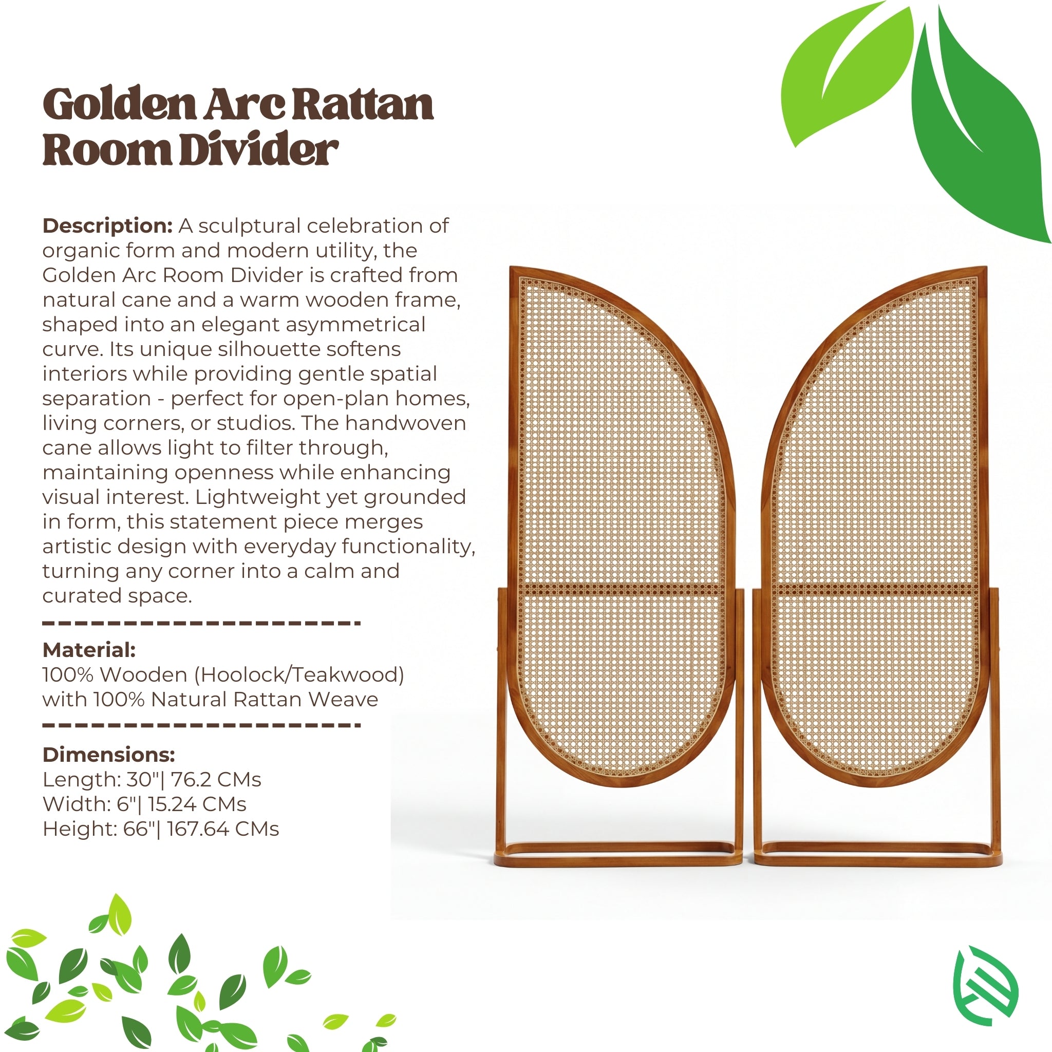 Golden Arc Rattan Room Divider with product details on a white background