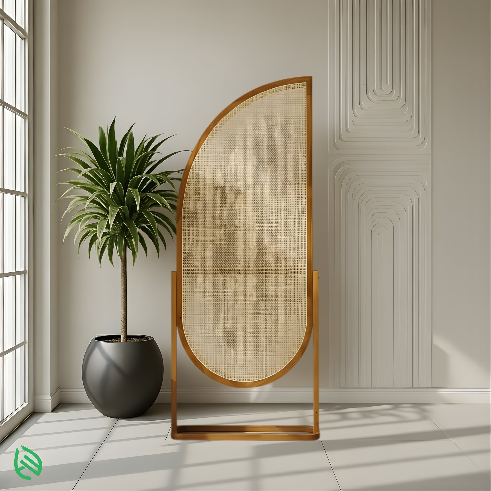 Golden Arc arched rattan room divider by window; handwoven cane, wooden frame, tray base.