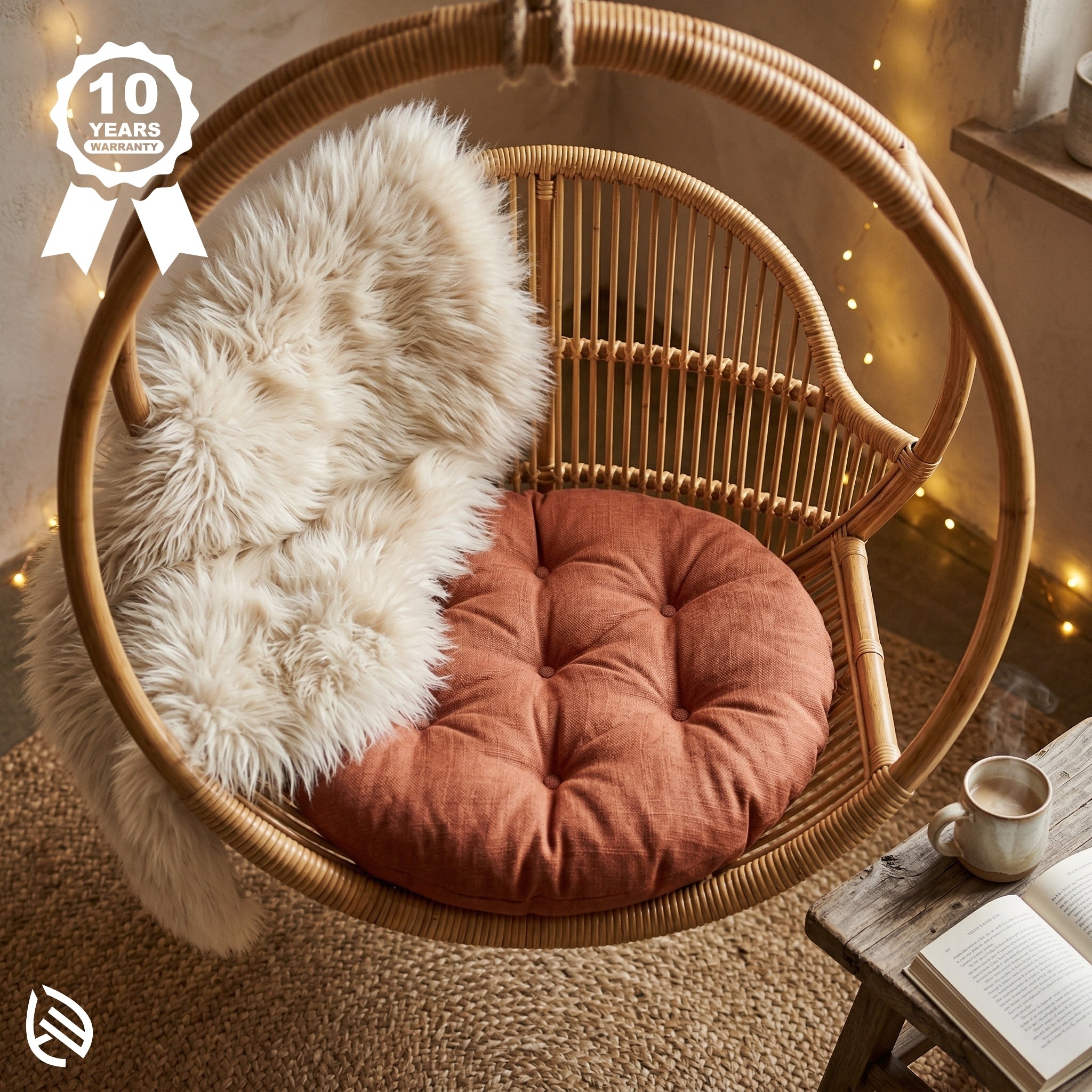 Wicker chair with a fluffy white cushion and a pink cushion, surrounded by warm lighting.