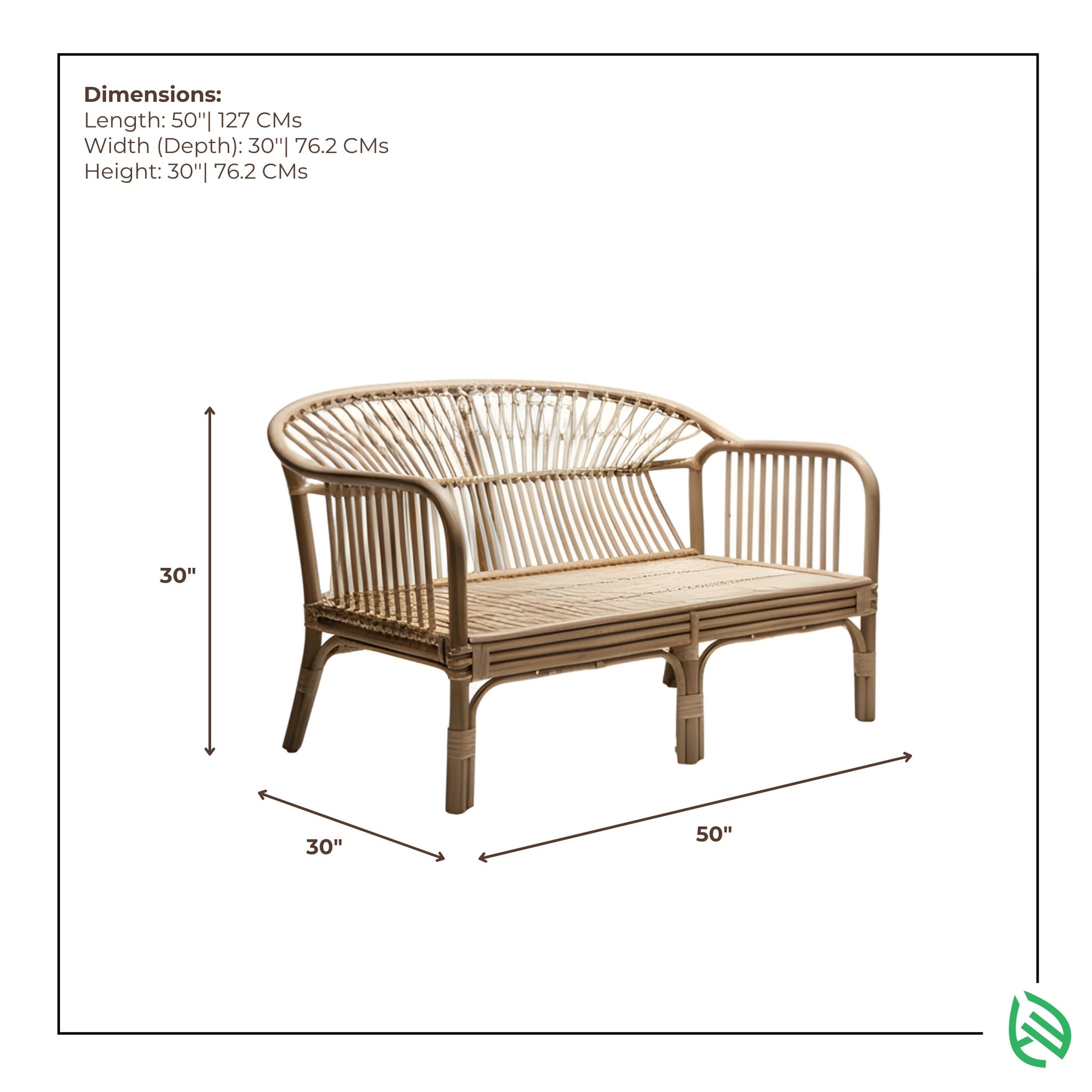 Dimension guide of Hikari Nest rattan 2-seater sofa 50 L x 30 D x 30 H