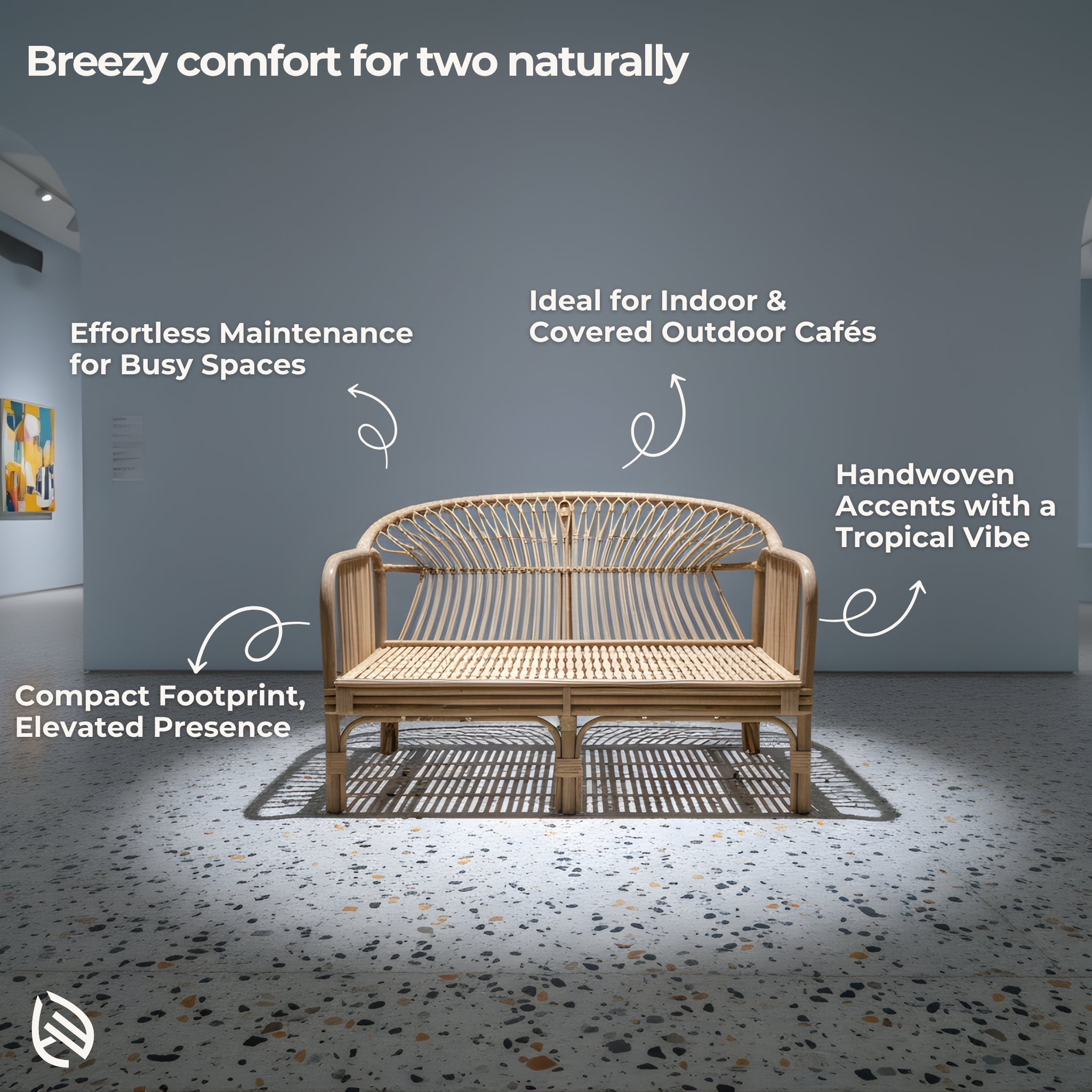 Graphic callouts showing breezy comfort, handwoven accents, café-ready rattan sofa