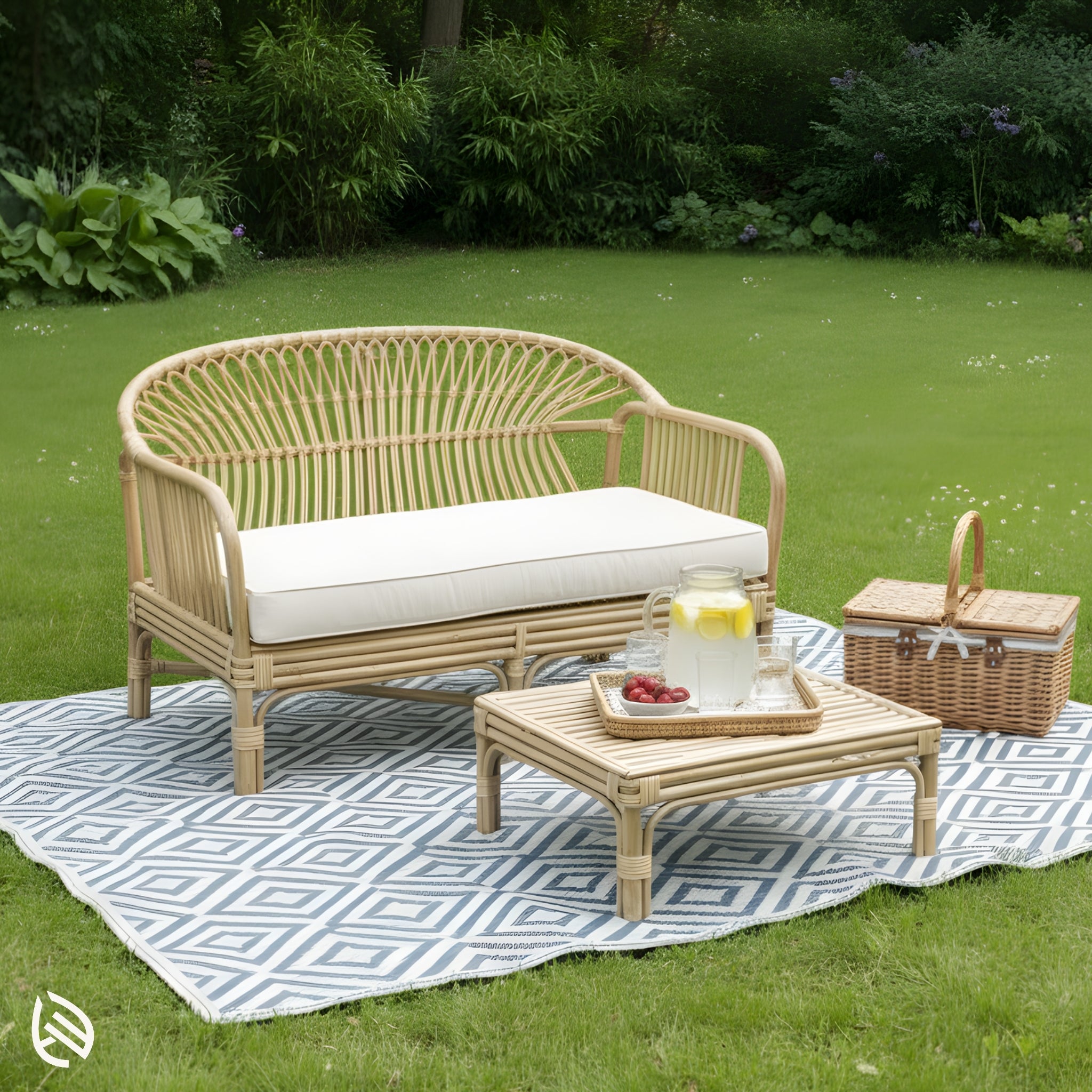 Natural rattan loveseat styled on lawn with picnic, low rattan table