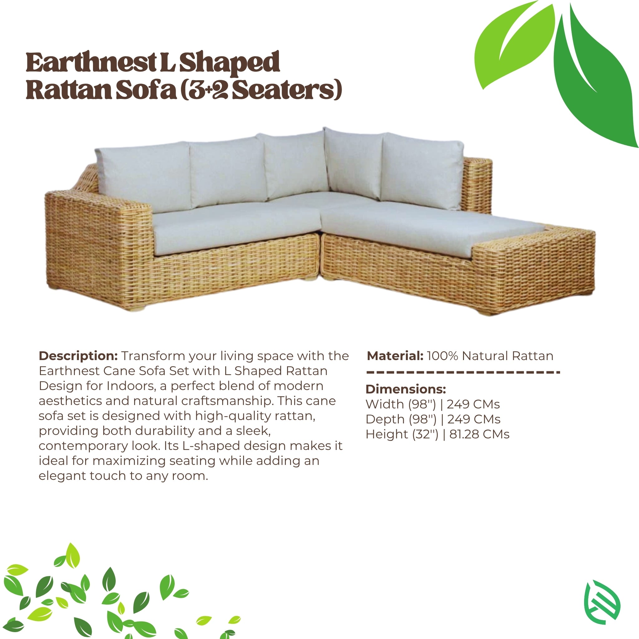 Product spec sheet of L Shaped Rattan Sofa Set - natural rattan sectional with cream cushions and size details.