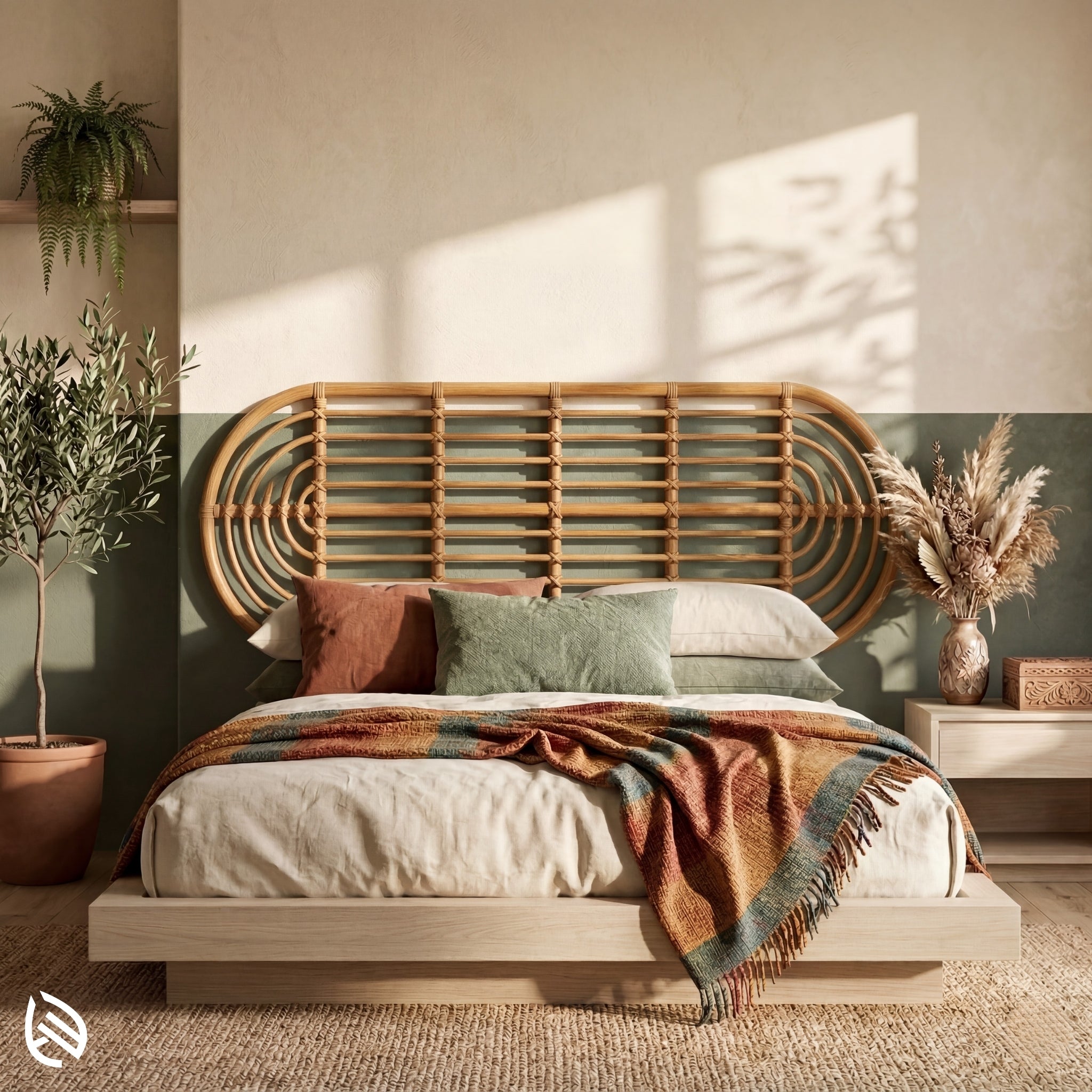 Bedroom with a wooden bed, rattan headboard and decorative pillows, featuring a plant and wall art.
