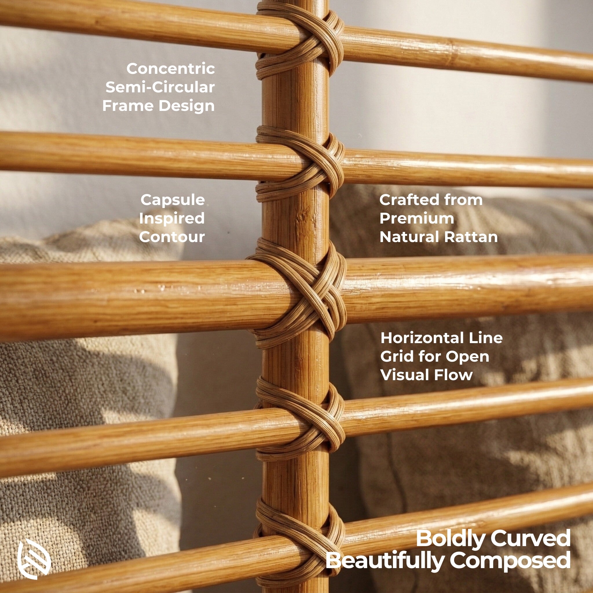 Close-up of a rattan headboard frame with text describing its design and materials.