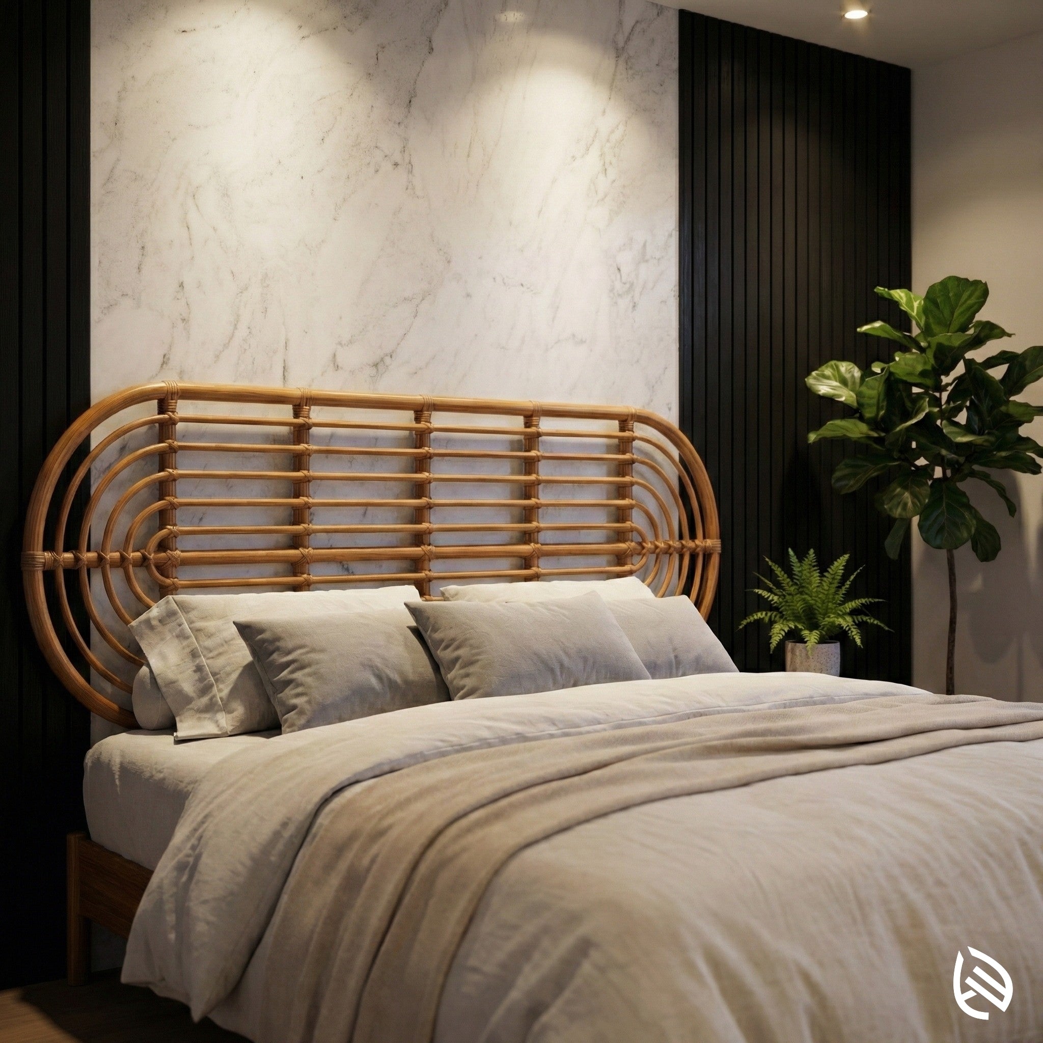Bedroom with a rattan headboard, beige bedding, and decorative plants.