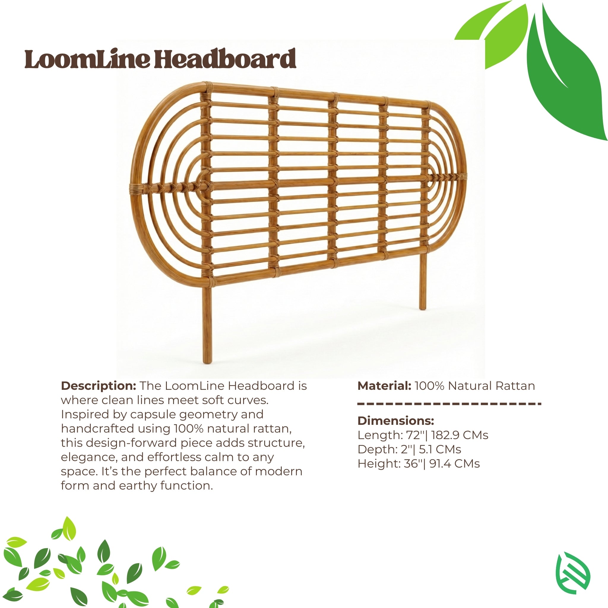 LoomLine Headboard with description, material, dimensions, and green leaf graphics on a white background